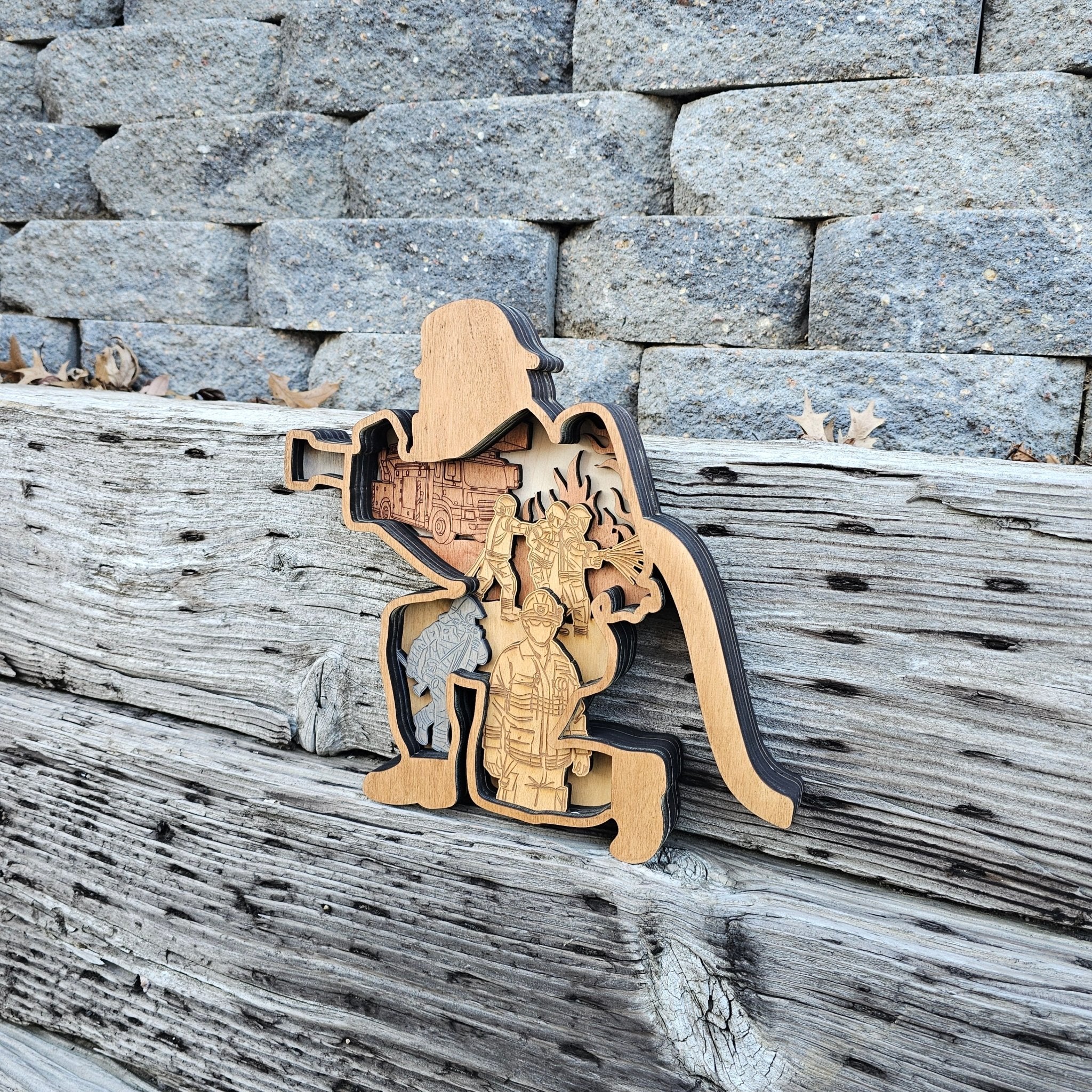 3D Fire Fighter w/ water hose Sign Layered Art - Rustiva