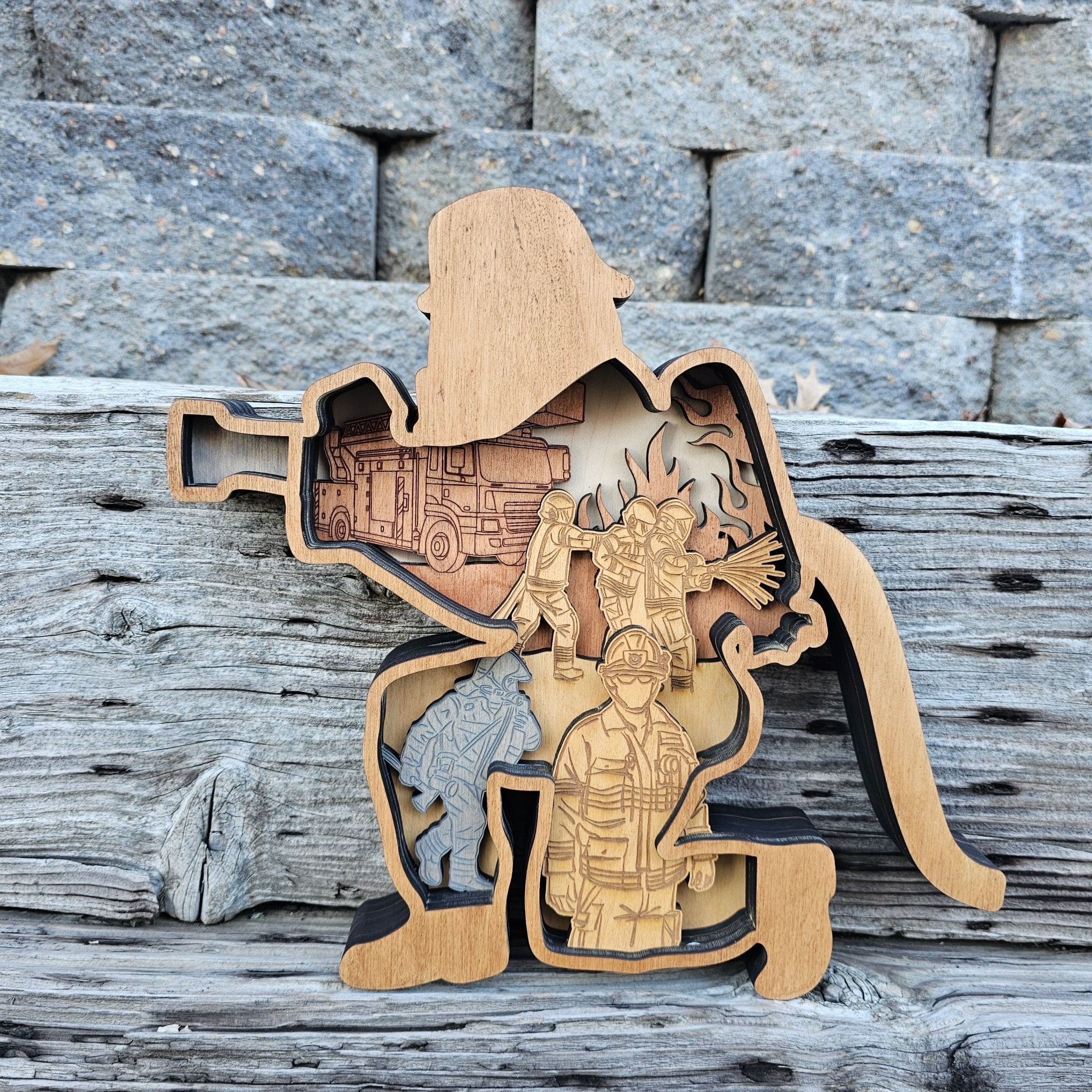 3D Fire Fighter w/ water hose Sign Layered Art - Rustiva
