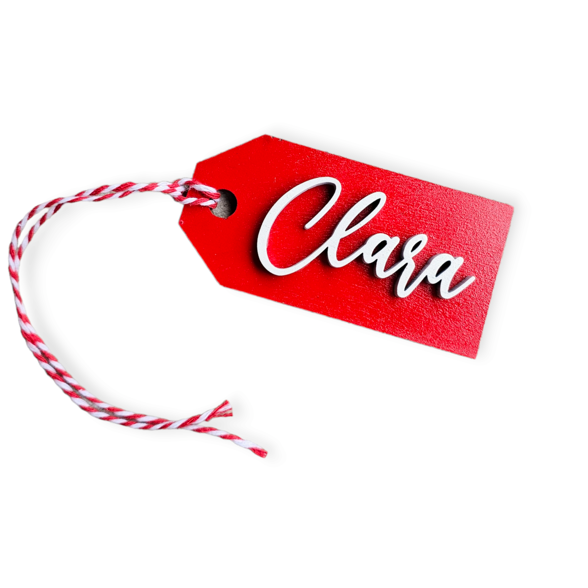 Custom Laser Cut Wood Stocking Tags - Red base White 3D Letters - Semper-KIK