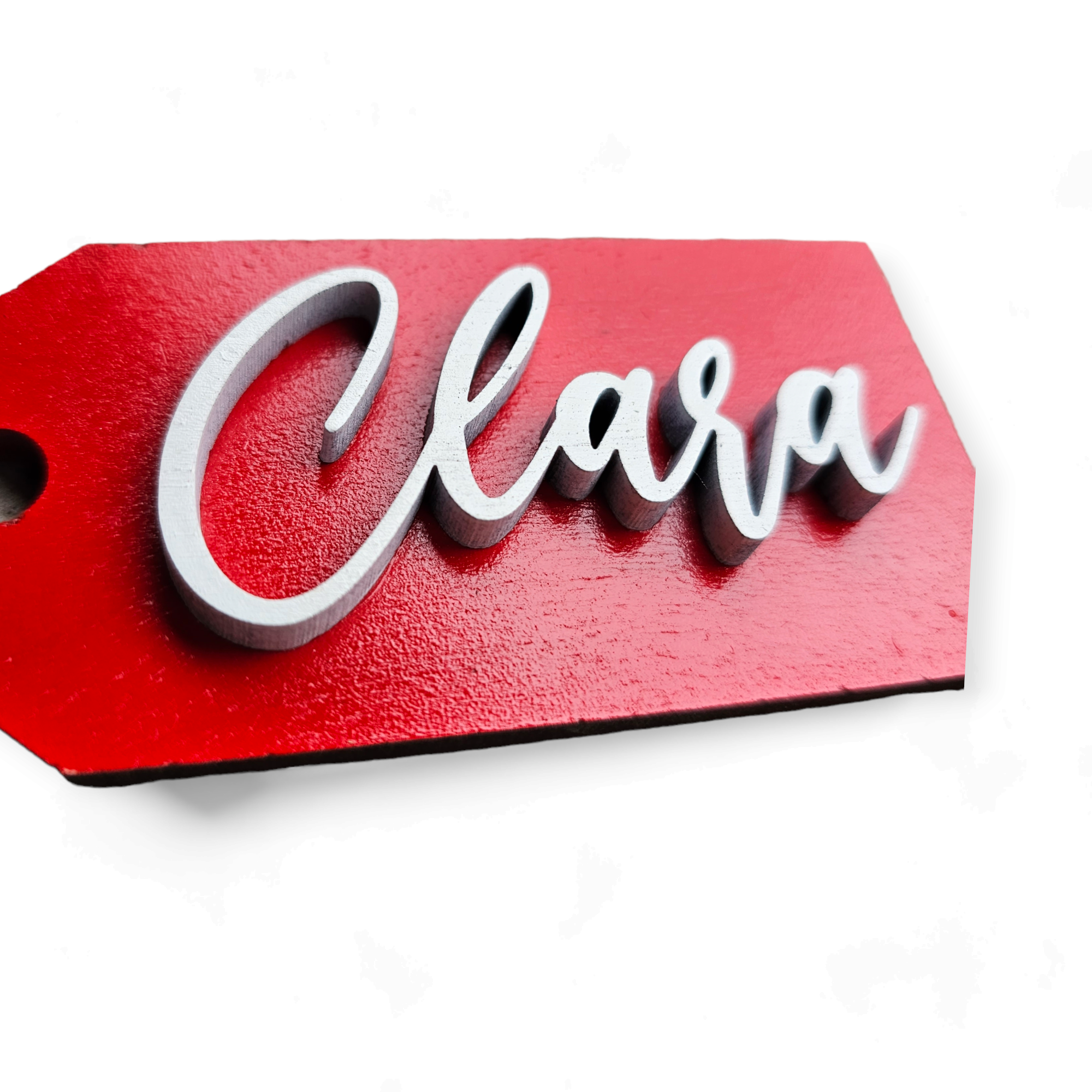 Custom Laser Cut Wood Stocking Tags - Red base White 3D Letters - Semper-KIK