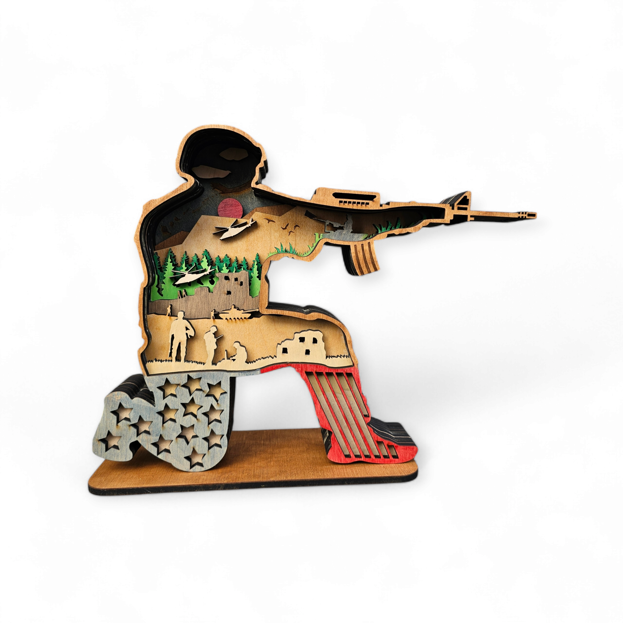 3D Sitting Soldier w/ Gun & Airplane Sign Layered Art - Rustiva