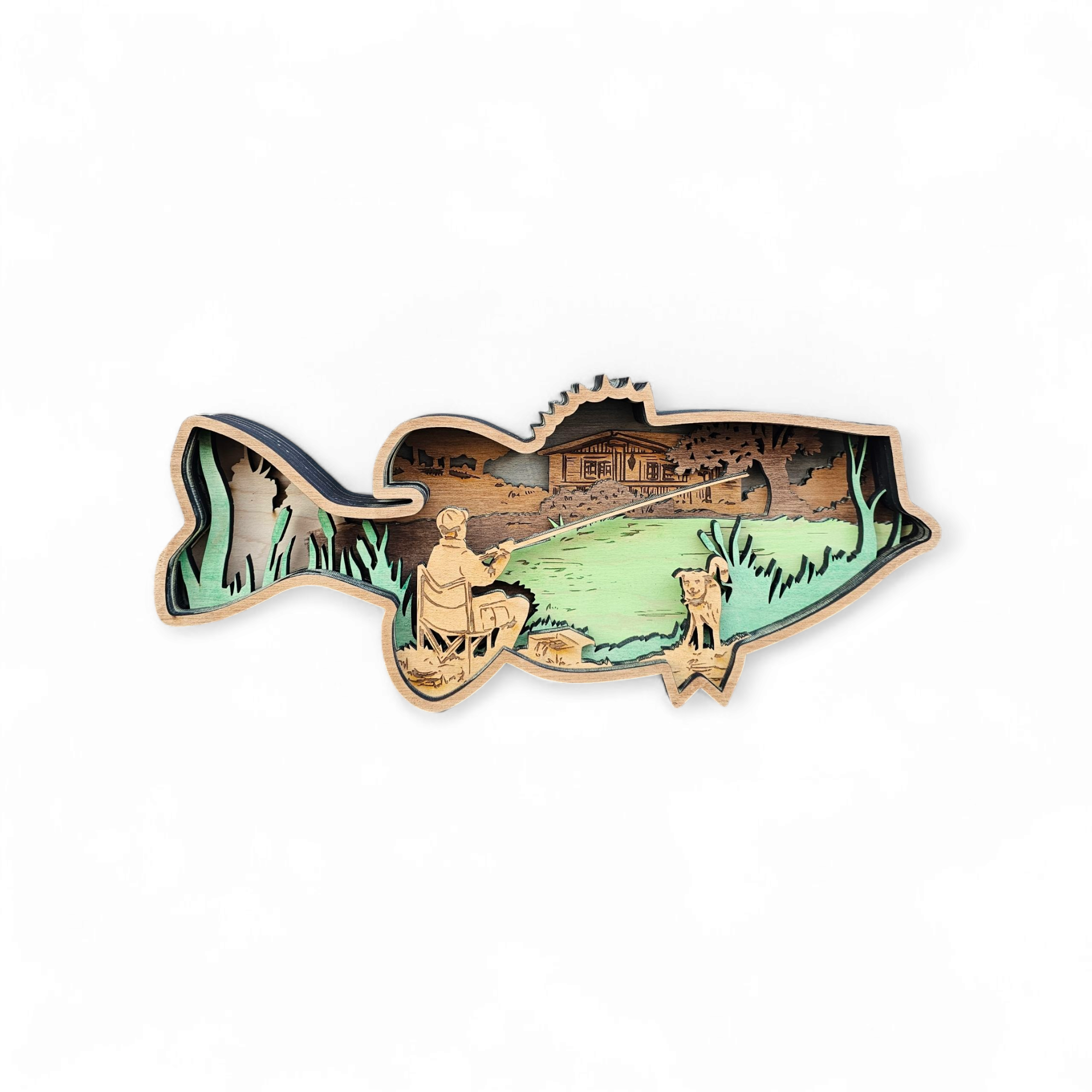 3D Bass Fishing Man with Dog Sign Layered Art - Rustiva
