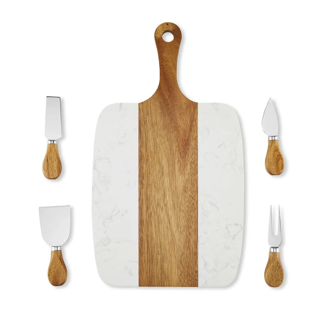 Personalized Wood and Marble Serving Board with Cheese knives set - Rustiva