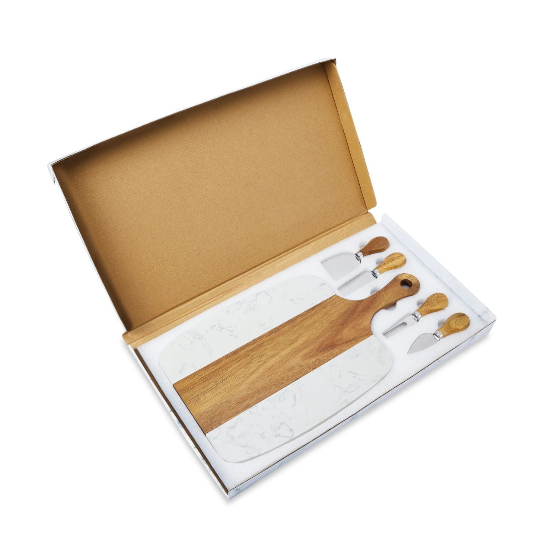 Personalized Wood and Marble Serving Board with Cheese knives set - Rustiva