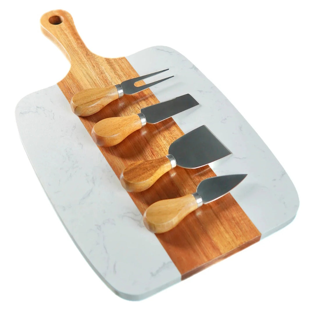 Personalized Wood and Marble Serving Board with Cheese knives set - Rustiva