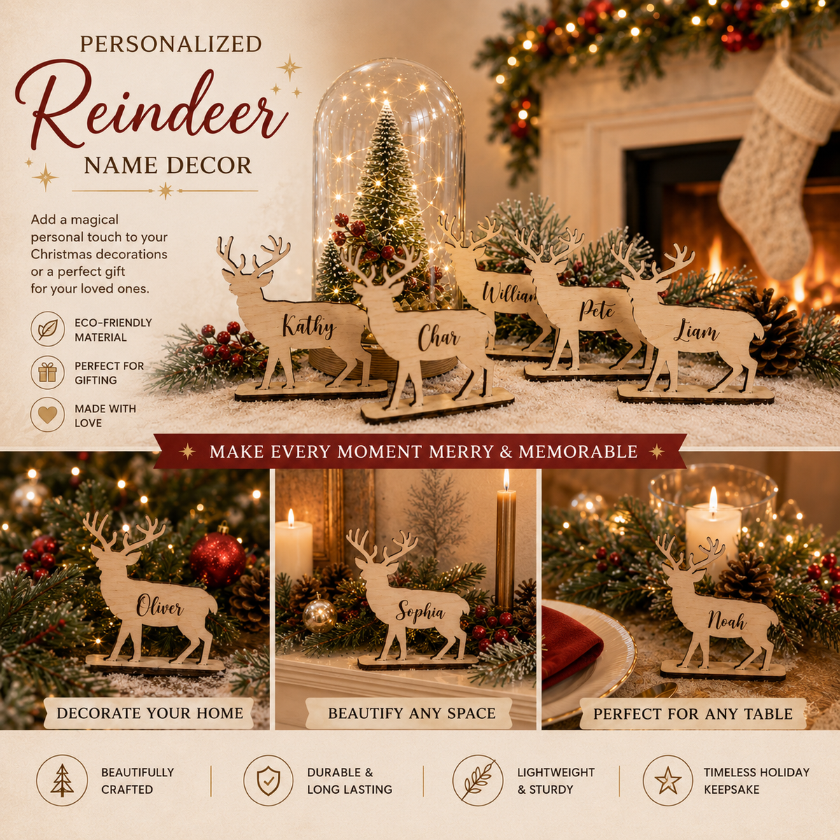 Personalized wooden Christmas reindeer table decor displayed in a festive holiday home setting, with five customizable names visible on the silhouettes. The scene includes a lit Christmas tree under a glass dome, candles, pinecones, ornaments, and a cozy fireplace background.