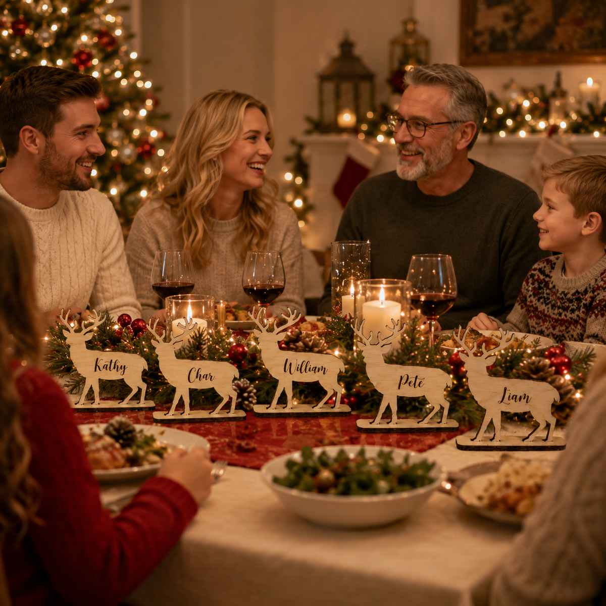 A warm holiday family dinner scene with multiple people seated around a table decorated with Christmas lights, candles, greenery, and personalized name signs under a tree in the background.