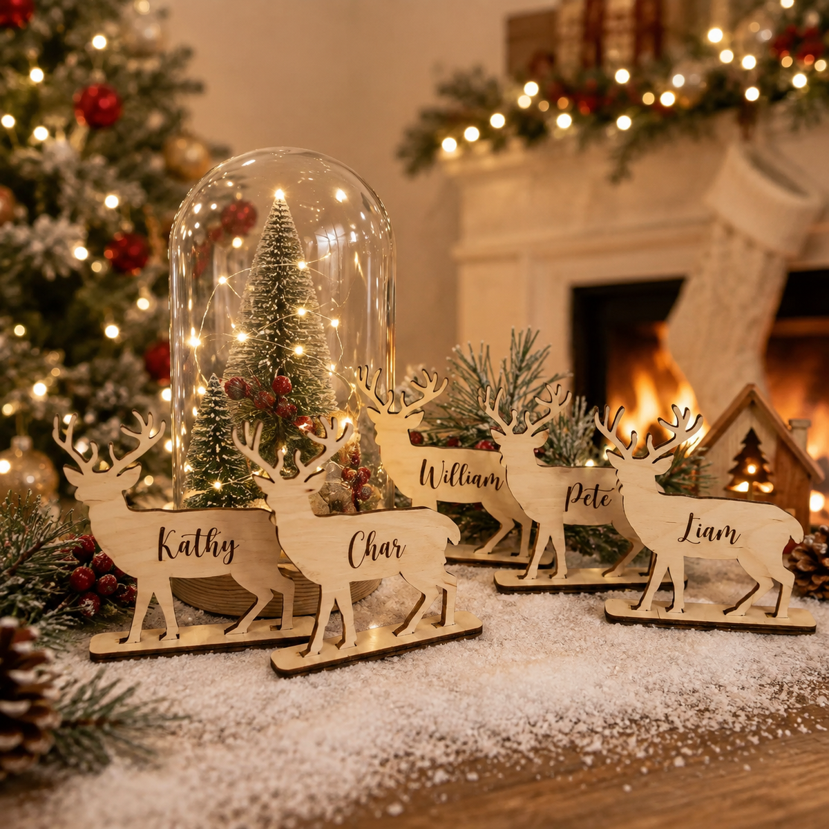 Personalized wooden reindeer Christmas name tags displayed as holiday place cards
