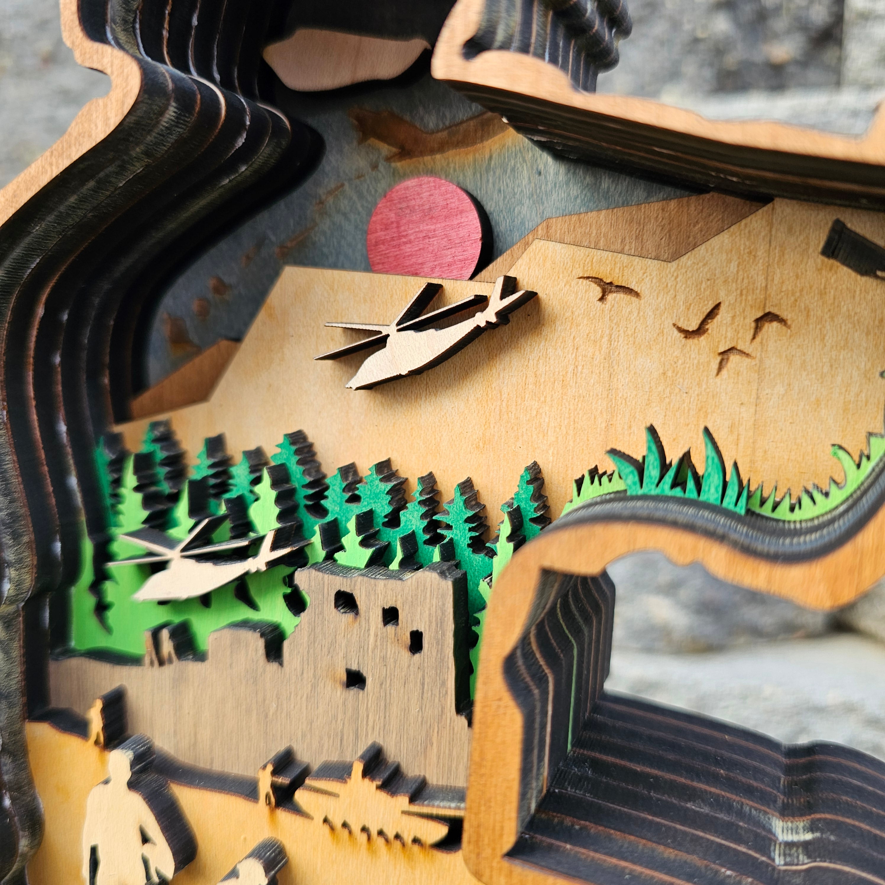 3D Sitting Soldier w/ Gun & Airplane Sign Layered Art - Rustiva