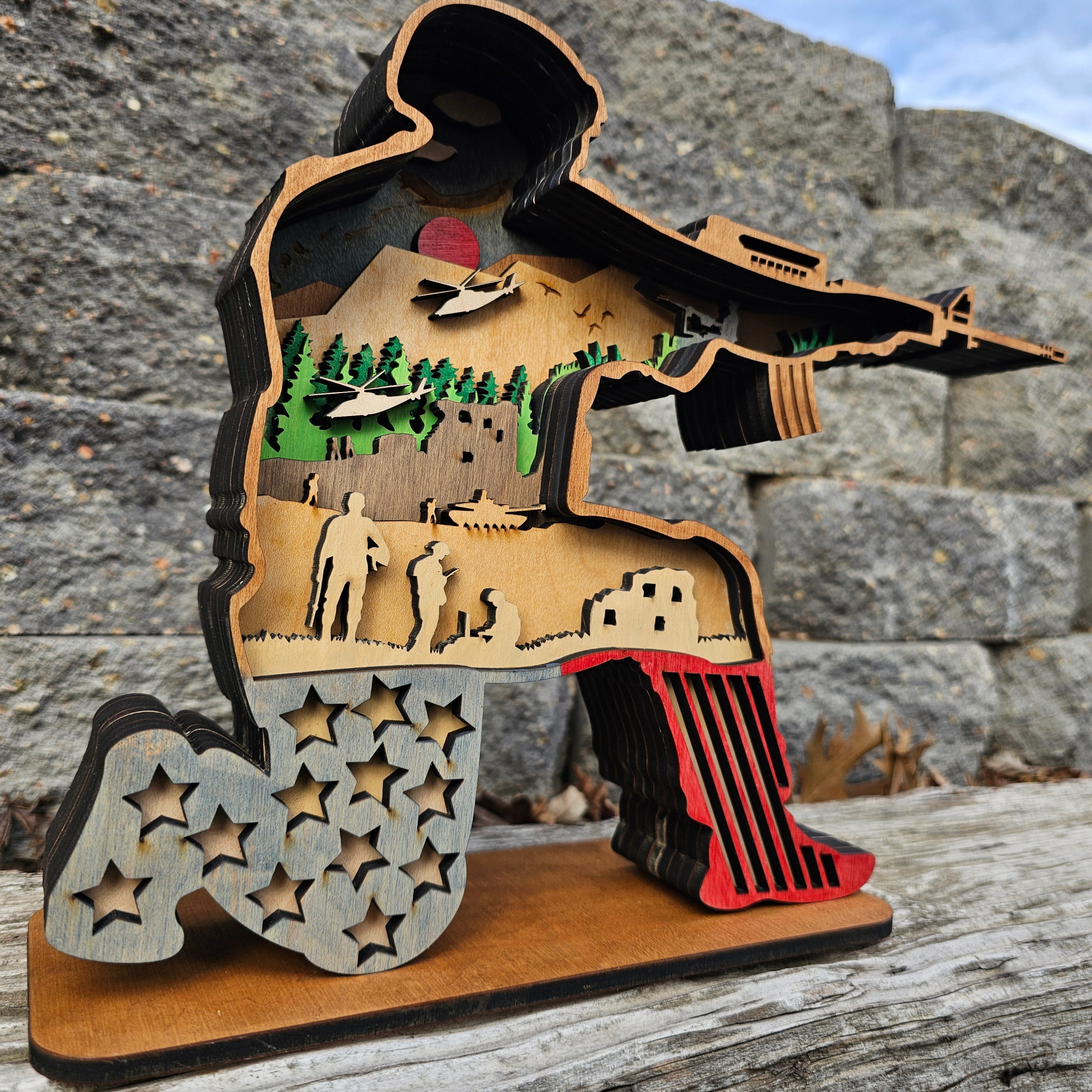 3D Sitting Soldier w/ Gun & Airplane Sign Layered Art - Rustiva