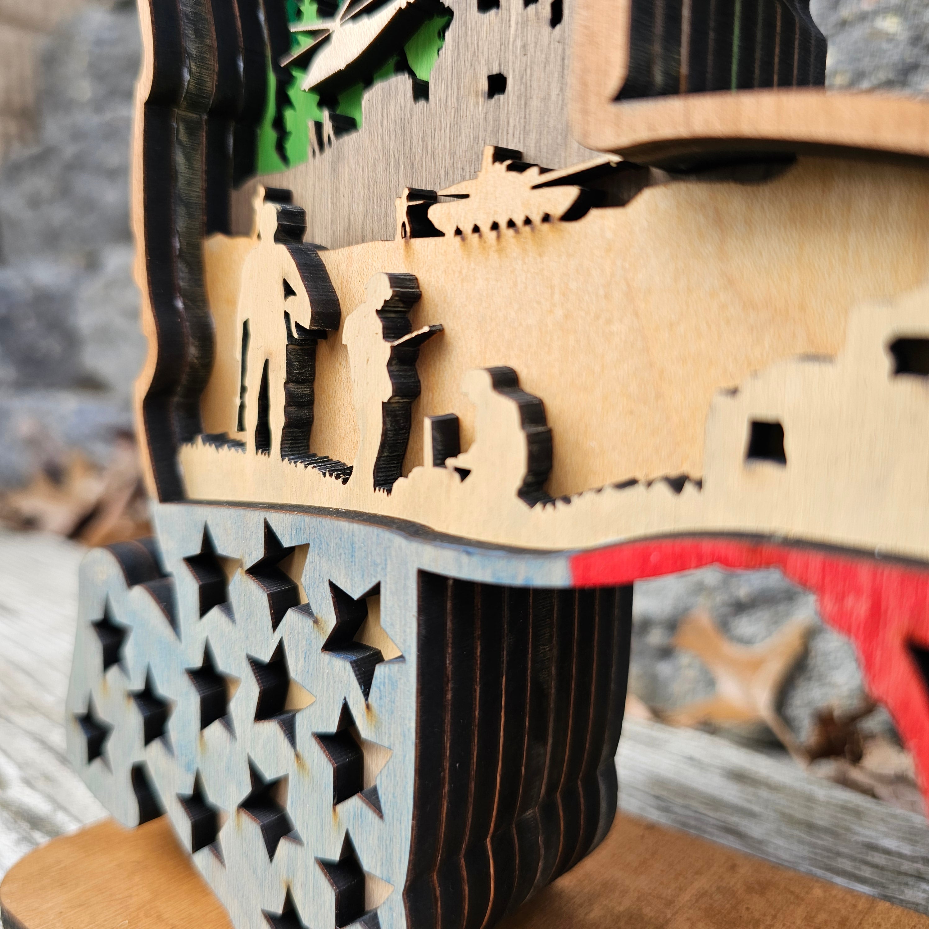 3D Sitting Soldier w/ Gun & Airplane Sign Layered Art - Rustiva