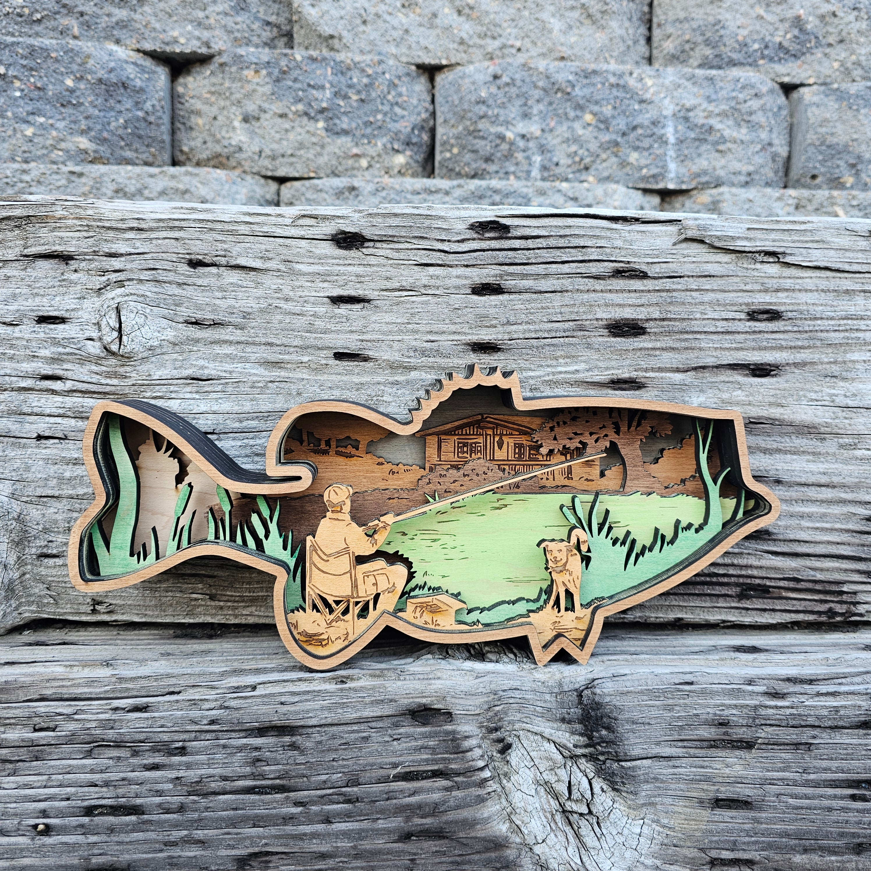 3D Bass Fishing Man with Dog Sign Layered Art - Rustiva