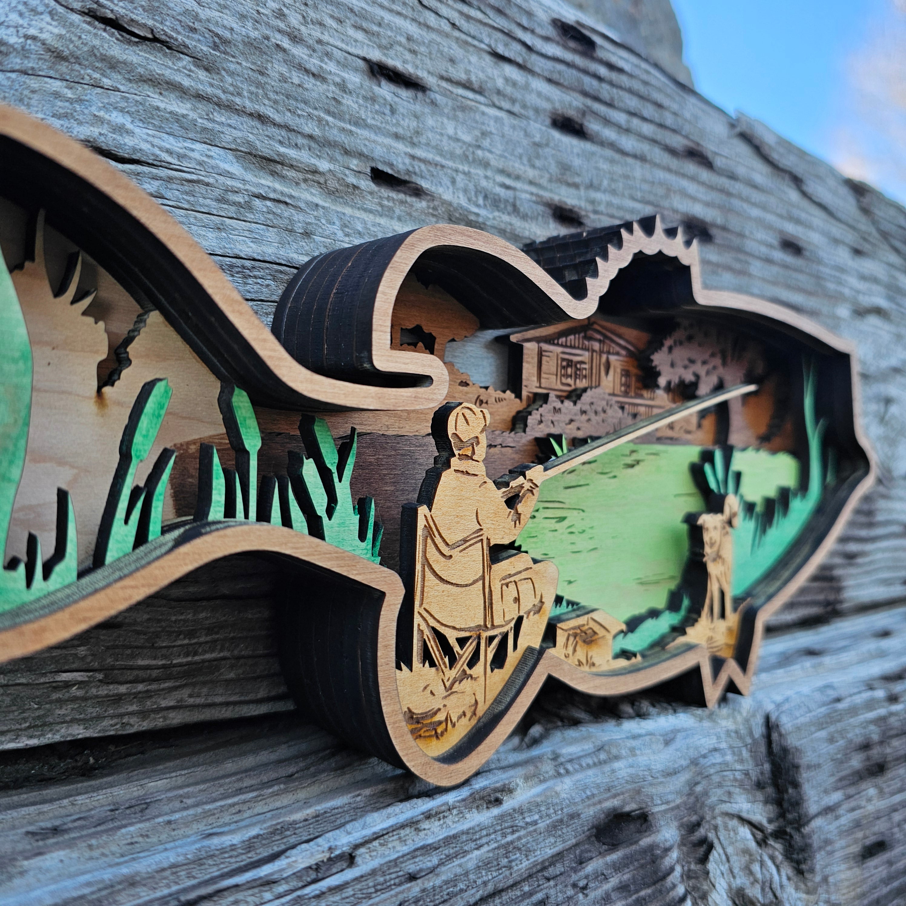 3D Bass Fishing Man with Dog Sign Layered Art - Rustiva