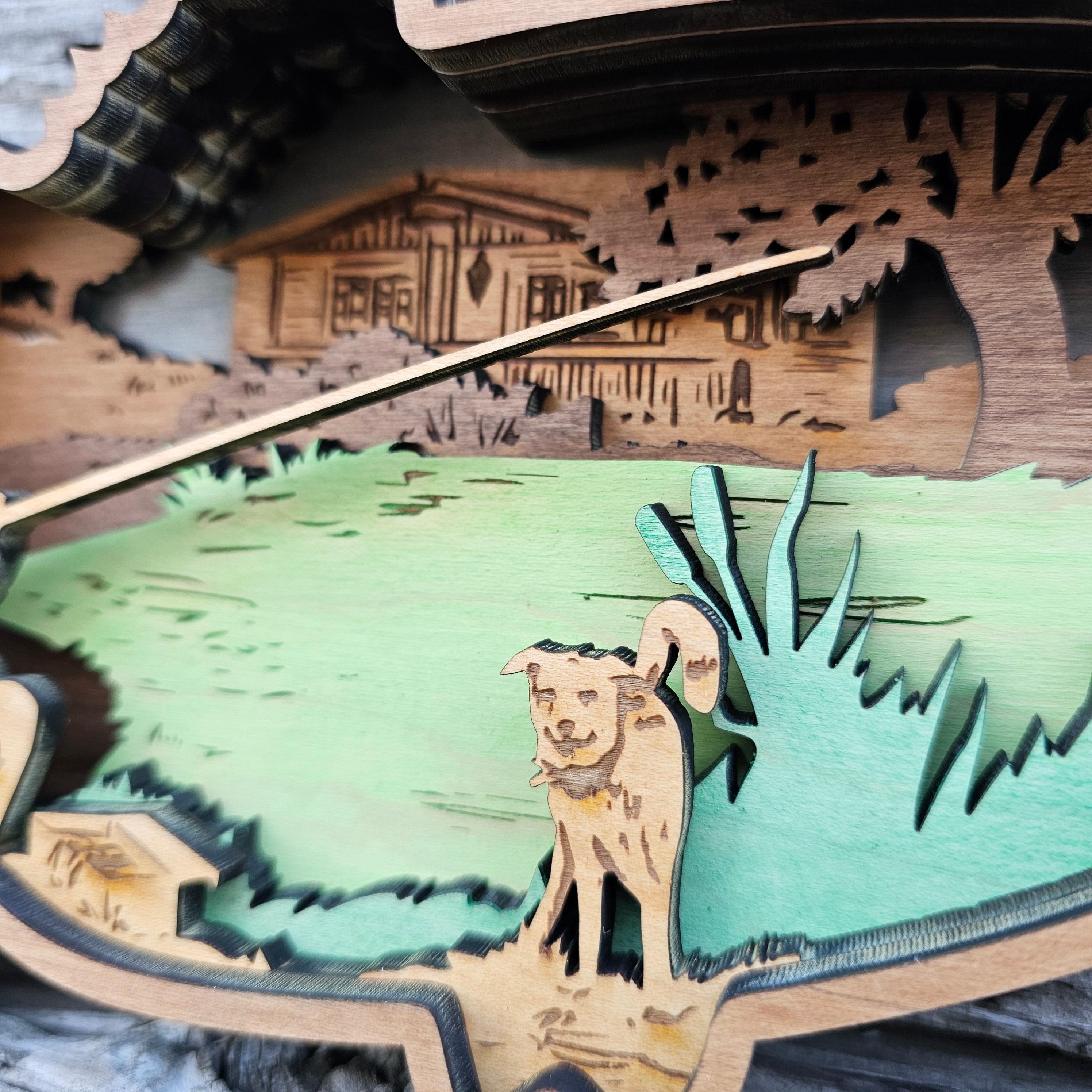 3D Bass Fishing Man with Dog Sign Layered Art - Rustiva