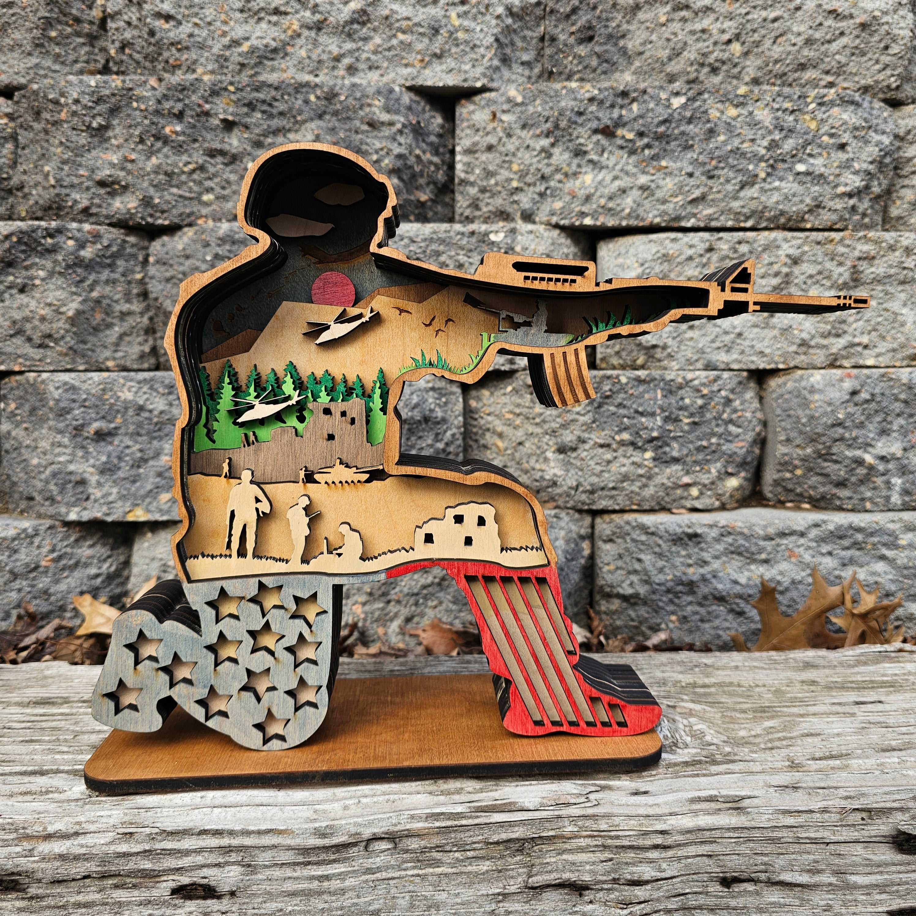 3D Sitting Soldier w/ Gun & Airplane Sign Layered Art - Rustiva