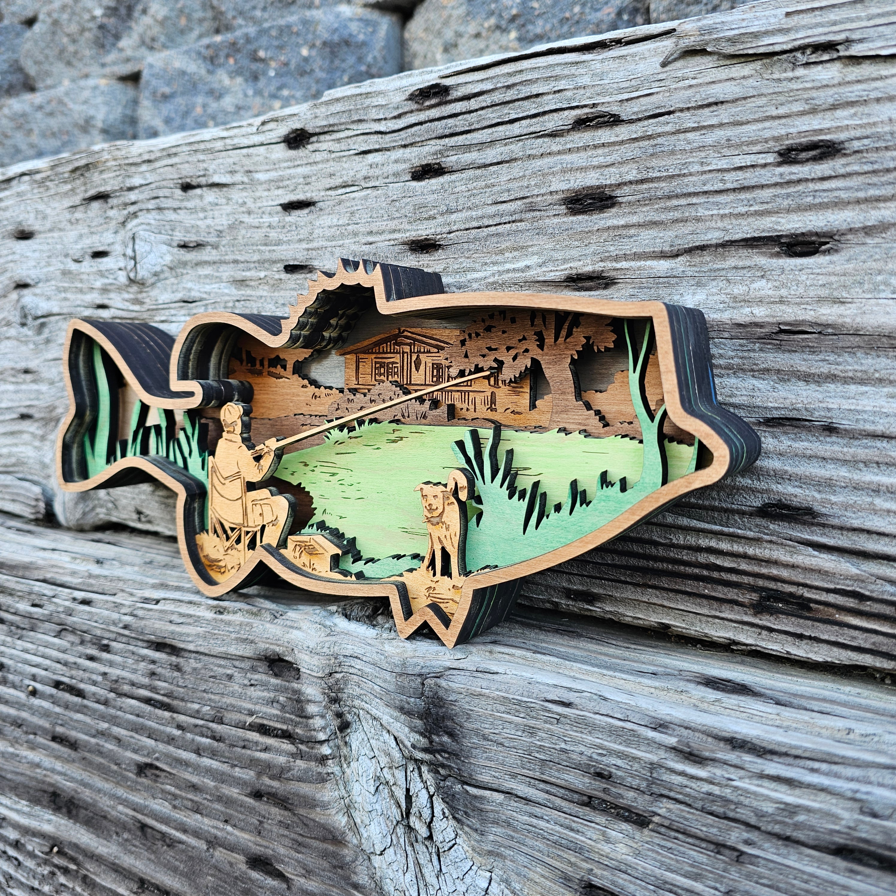3D Bass Fishing Man with Dog Sign Layered Art - Rustiva
