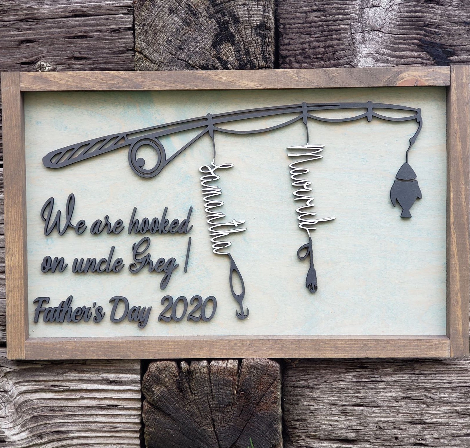 Father Day Fishing Pole Custom Sign | Gray base - Black letters and pole - 1-4 names - Semper-KIK