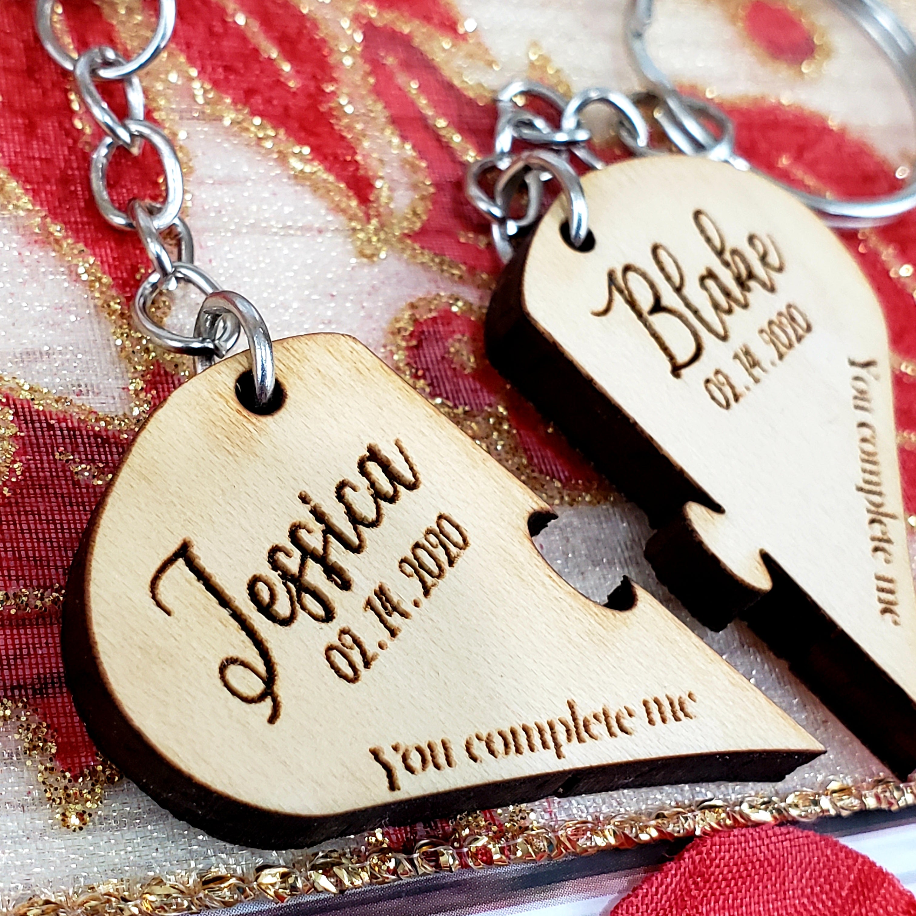Laser Engraved Hand Made Custom Heart key-chain Personalized With your Name and Date |You complete me| - 2Pcs - Semper-KIK