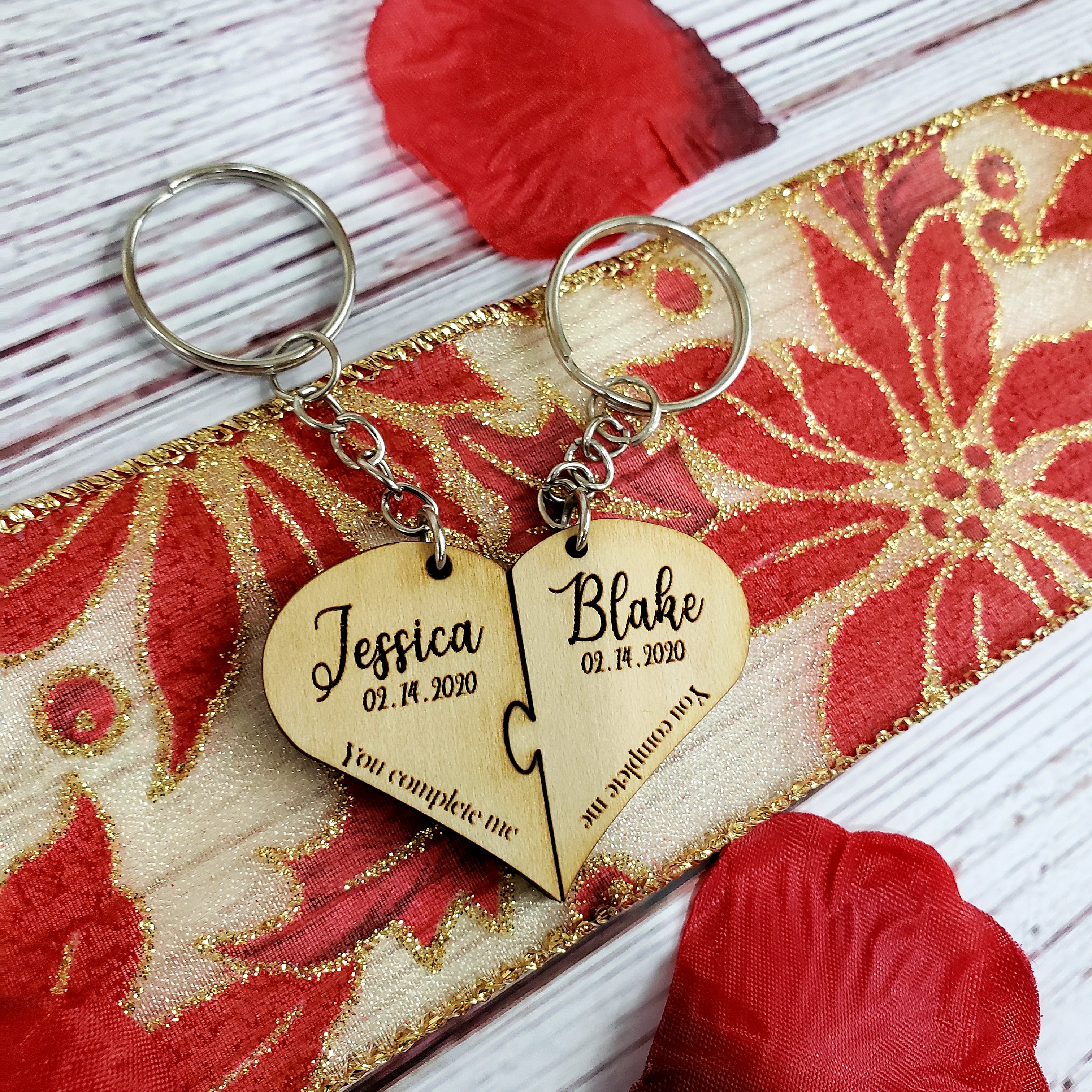 Laser Engraved Hand Made Custom Heart key-chain Personalized With your Name and Date |You complete me| - 2Pcs - Semper-KIK