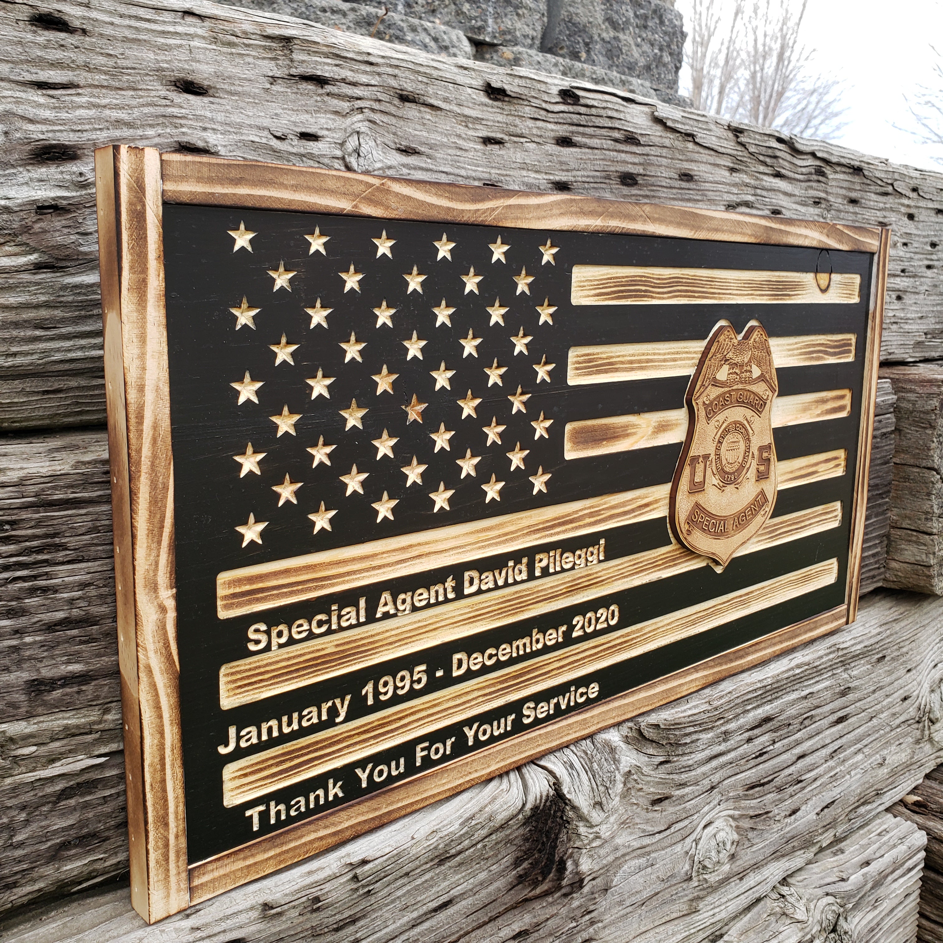 Rustic American Flag, US Carved Flag - Customized Logo, symbol - Coast Guard Special Agent - Semper-KIK