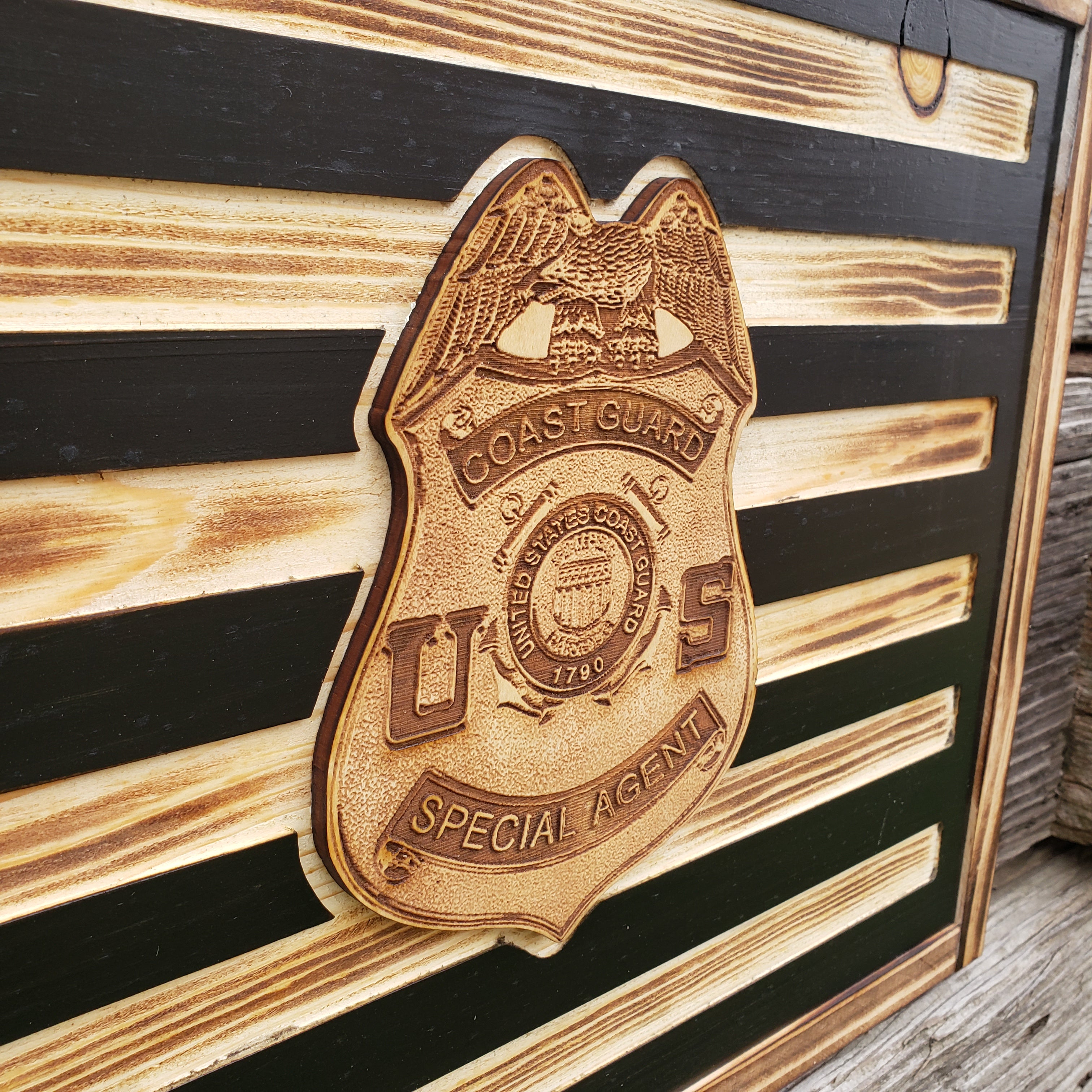 Rustic American Flag, US Carved Flag - Customized Logo, symbol - Coast Guard Special Agent - Semper-KIK