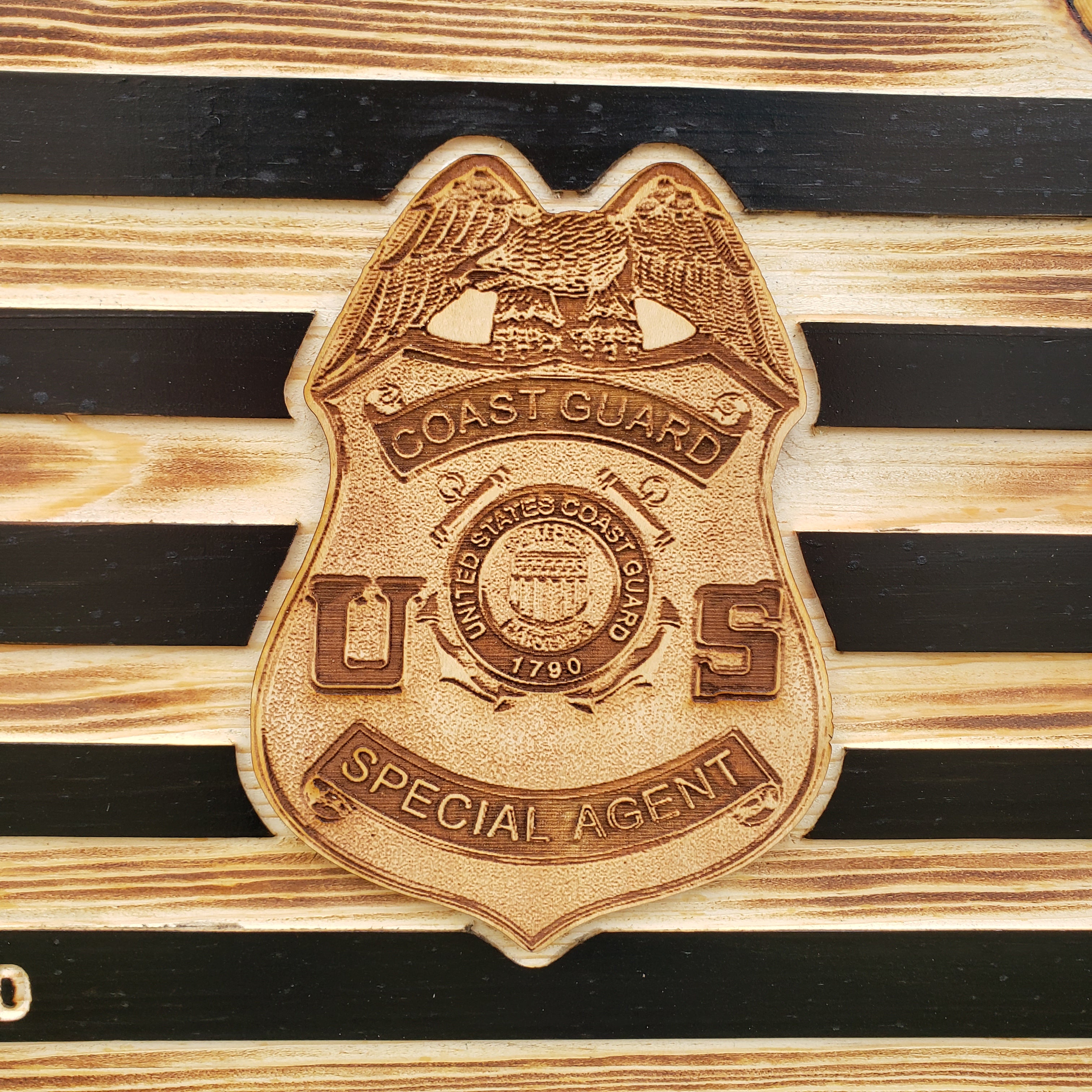 Rustic American Flag, US Carved Flag - Customized Logo, symbol - Coast Guard Special Agent - Semper-KIK