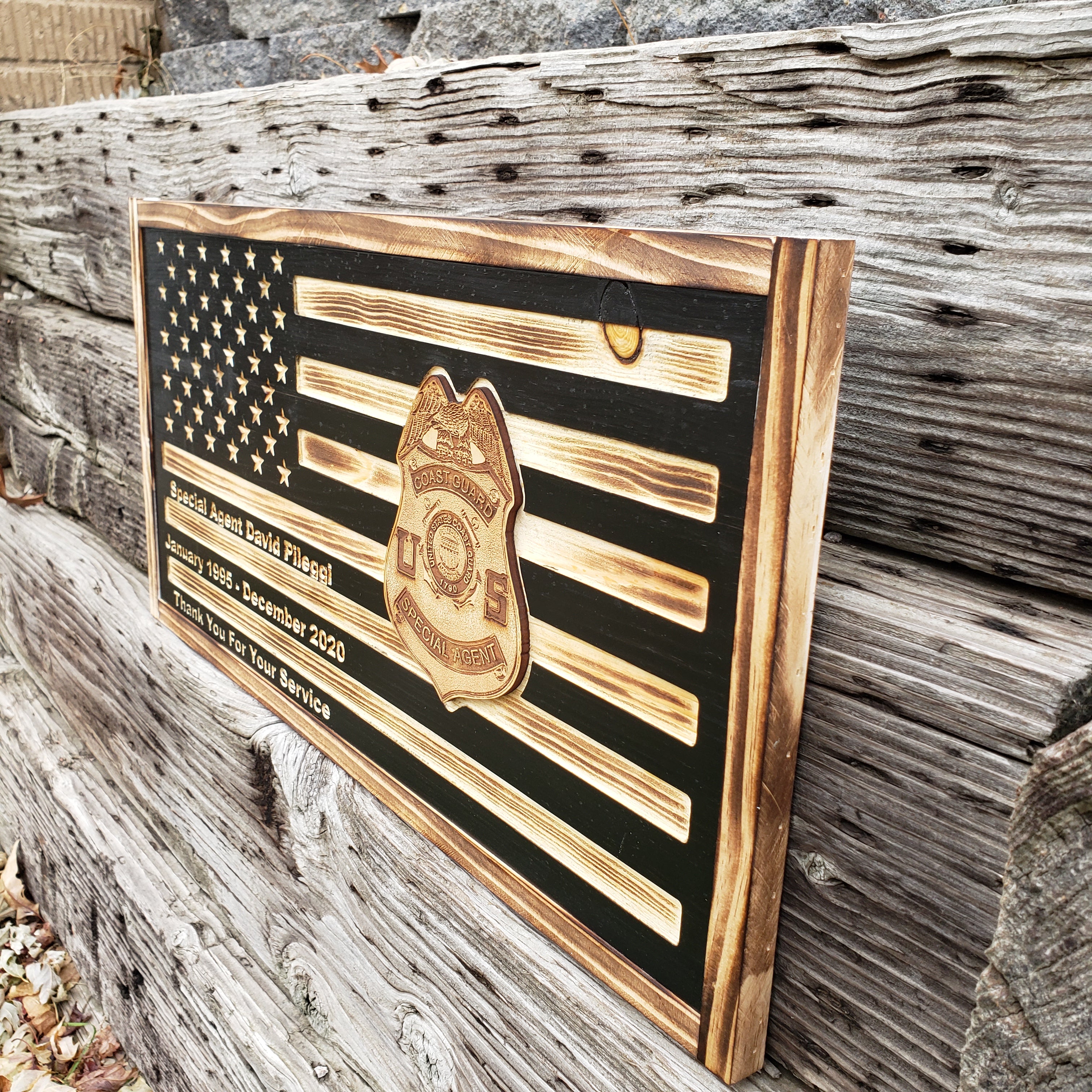 Rustic American Flag, US Carved Flag - Customized Logo, symbol - Coast Guard Special Agent - Semper-KIK