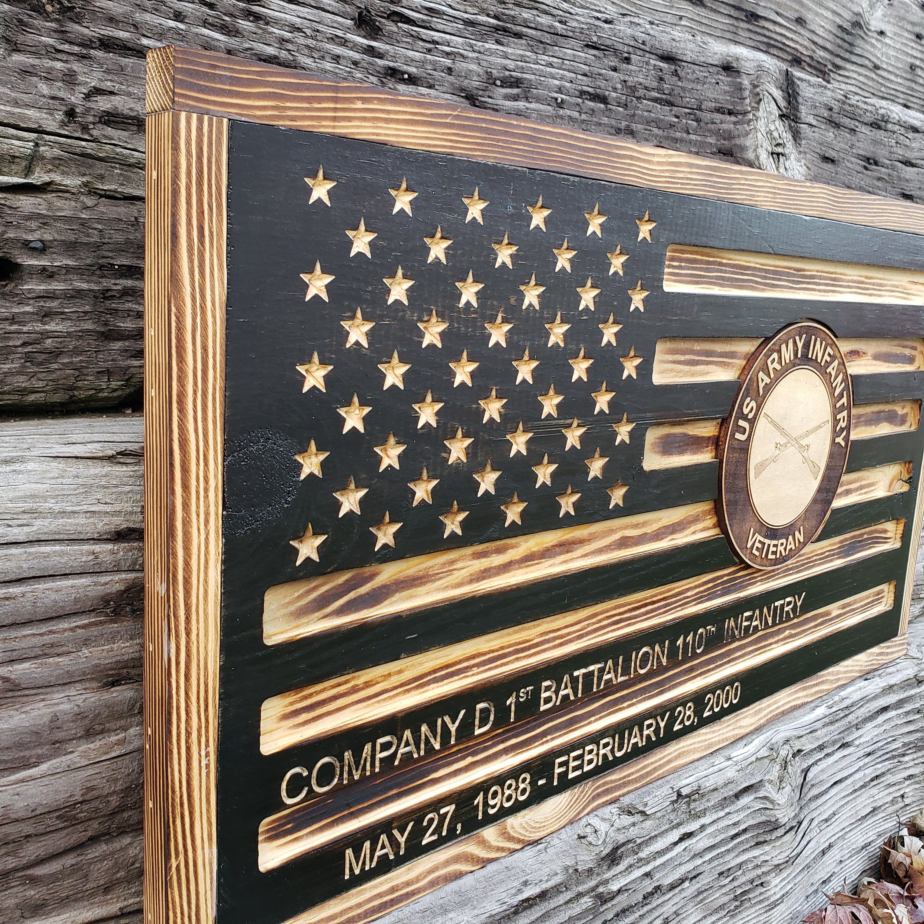 Rustic American Flag, US Carved Flag - Customized Logo, symbol - US Army Infantry Veteran - Semper-KIK