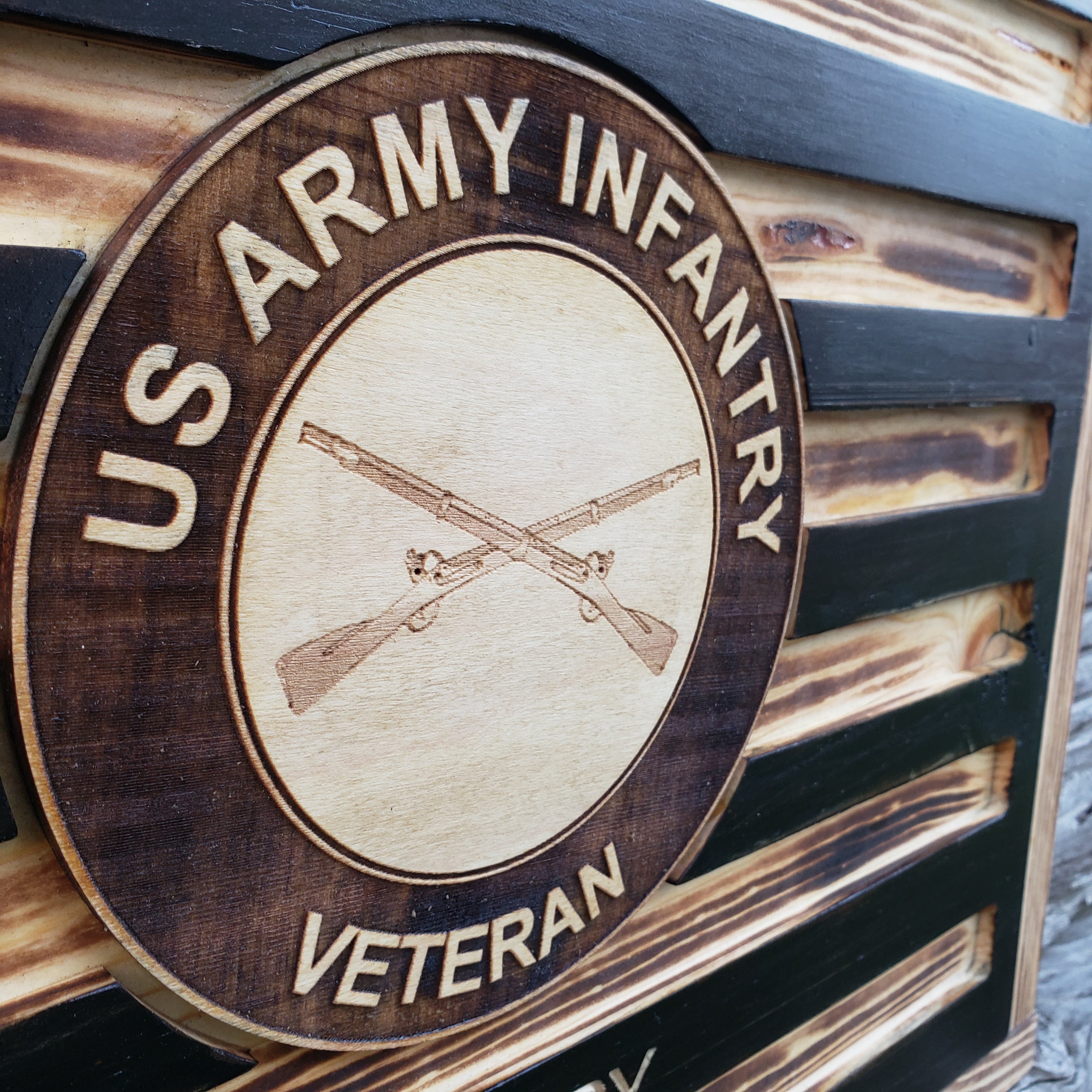 Rustic American Flag, US Carved Flag - Customized Logo, symbol - US Army Infantry Veteran - Semper-KIK