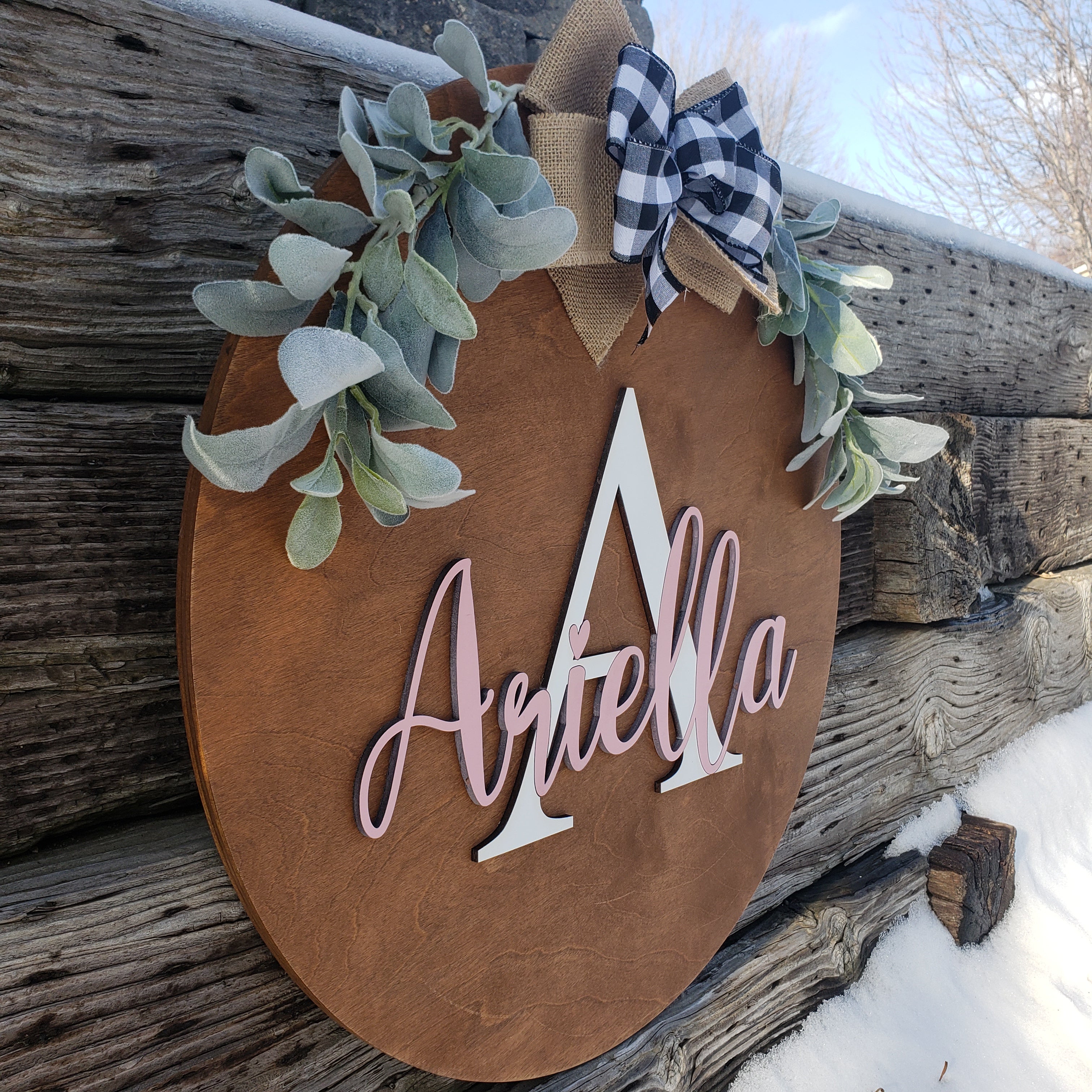 Personalized Nursery name Sign with Bow and Greenery - Semper-KIK