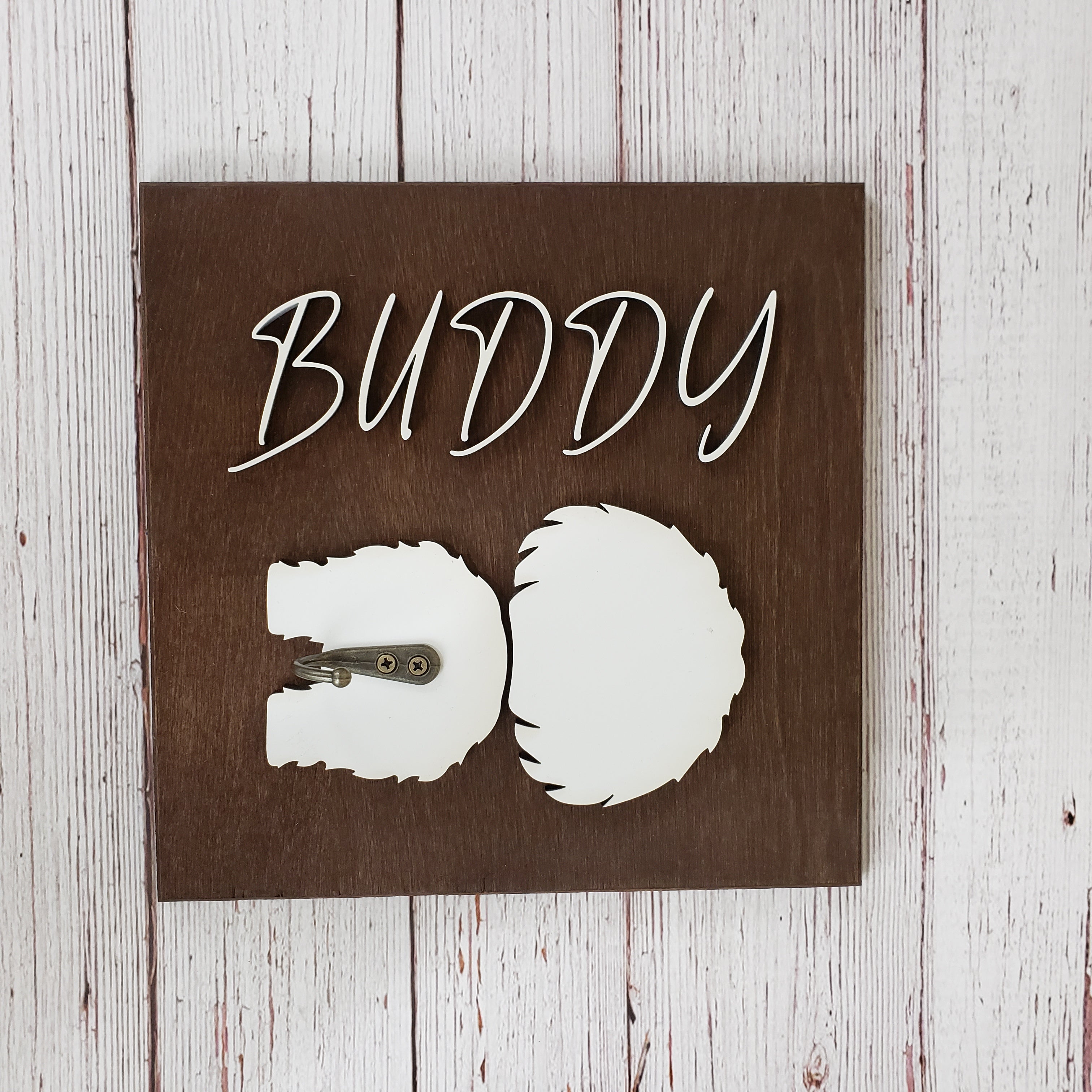 Personalized Dog Leash Holder For Wall - Dark Walnut base | White Dog and Name - Semper-KIK