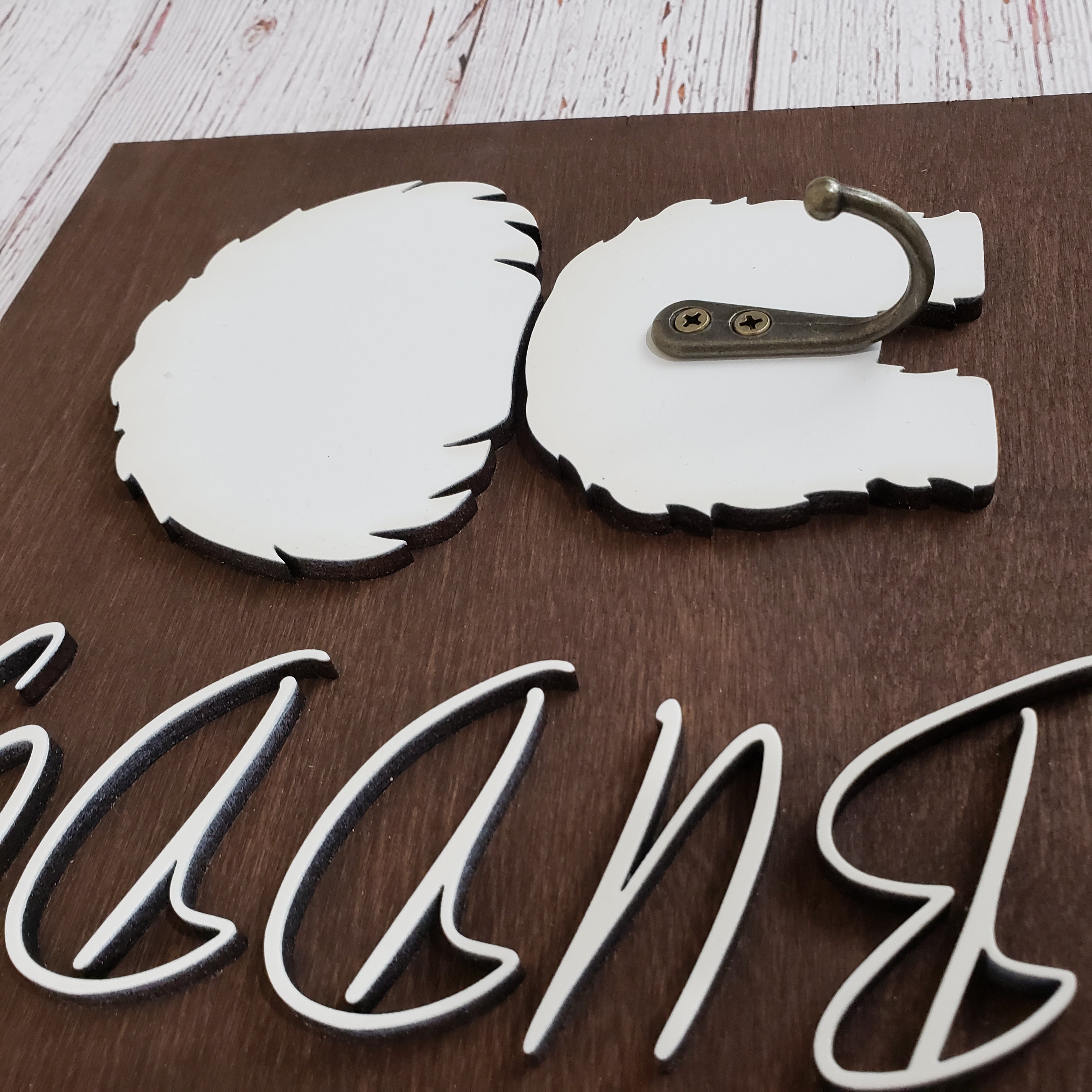 Personalized Dog Leash Holder For Wall - Dark Walnut base | White Dog and Name - Semper-KIK