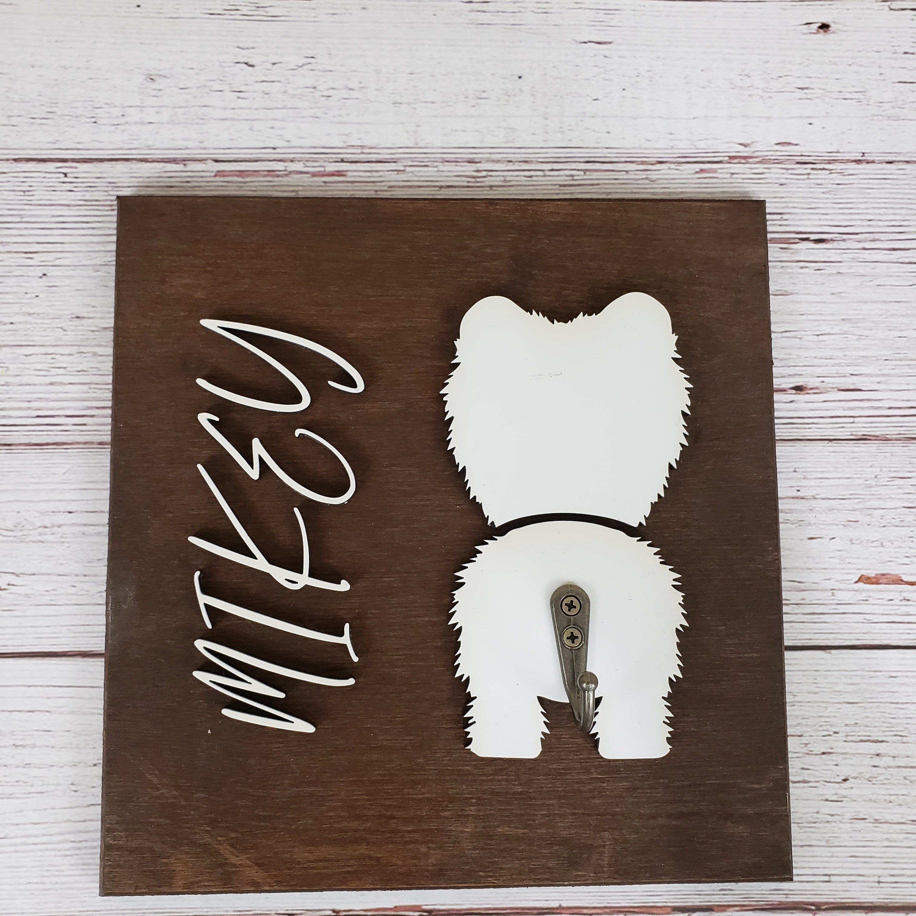 Personalized Dog Leash Holder For Wall - Dark Walnut base | White Dog and Name - Semper-KIK