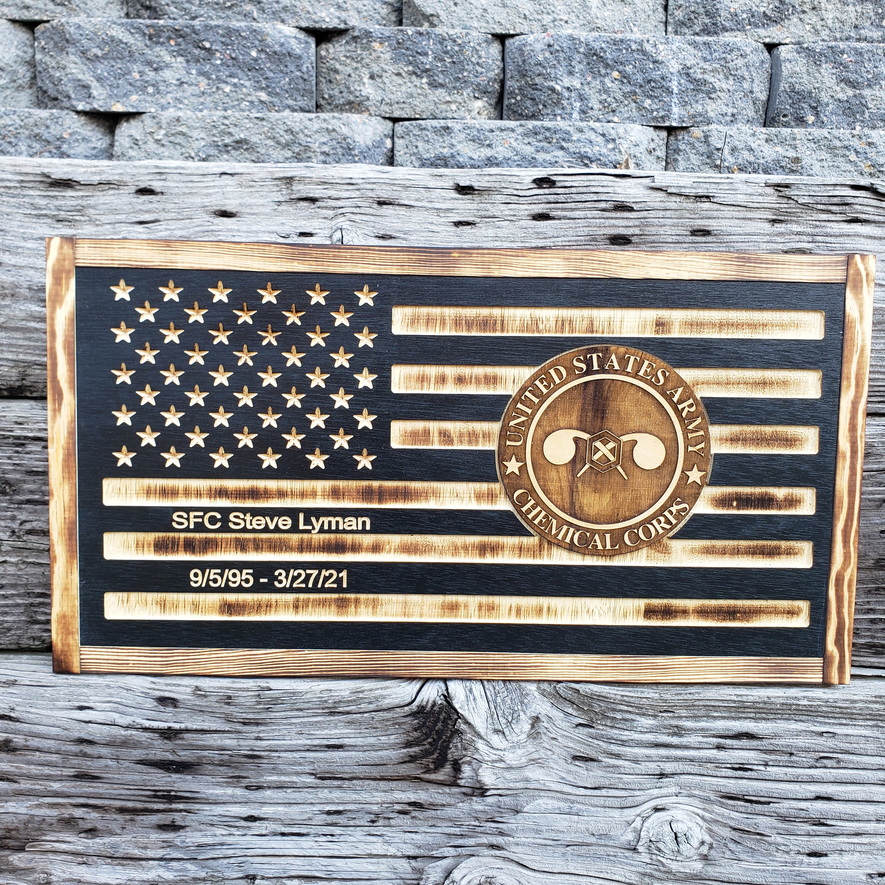 Rustic American Wooden Flag - 3D Chemical Corps U.S Army - Semper-KIK