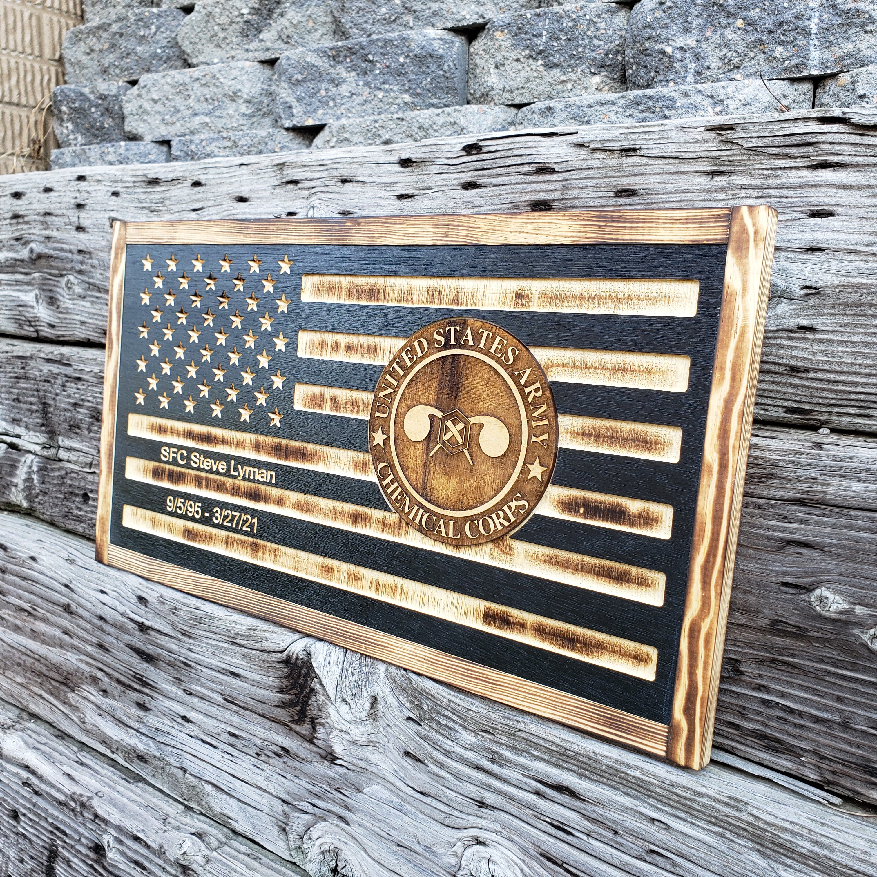 Rustic American Wooden Flag - 3D Chemical Corps U.S Army - Semper-KIK