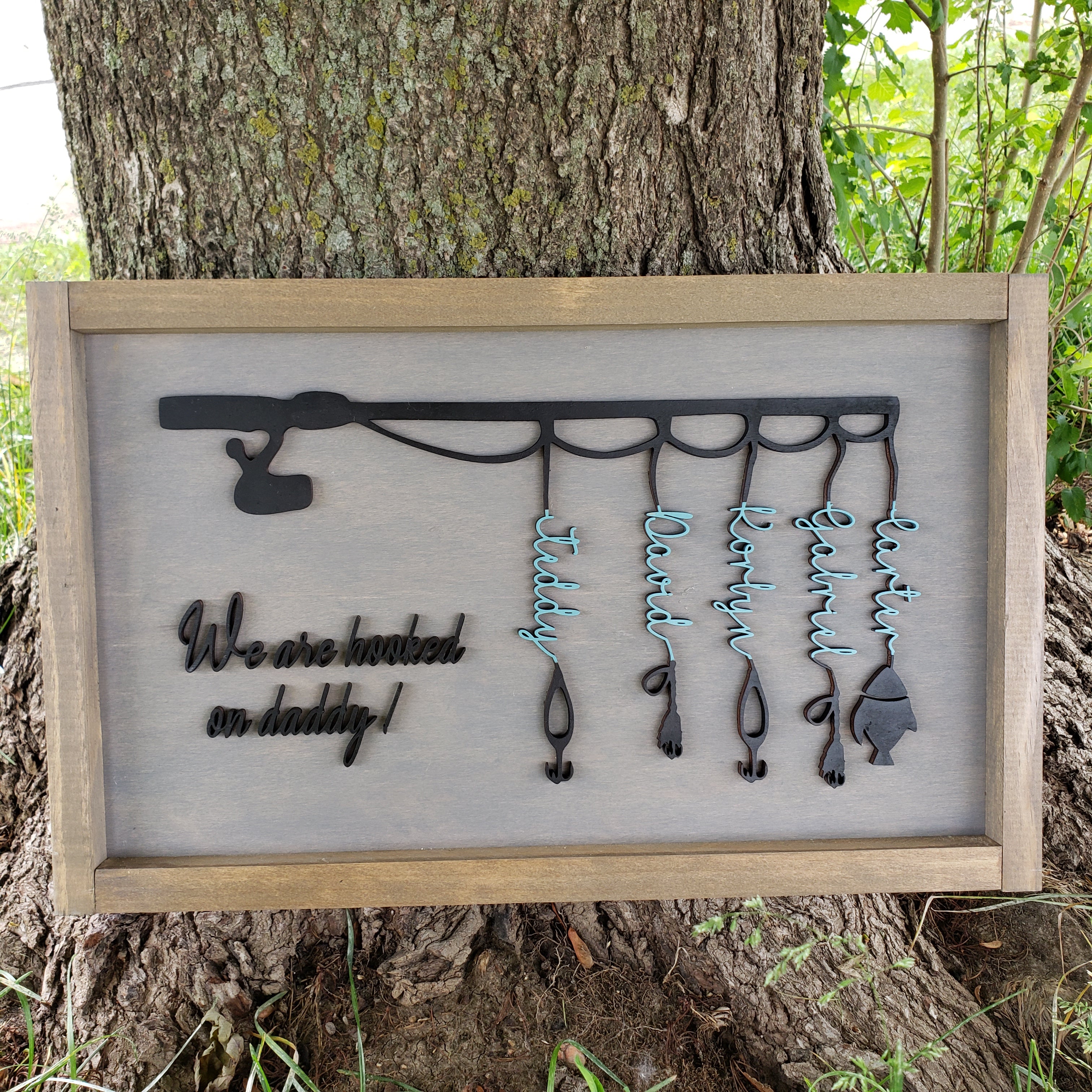 Father Day Fishing Pole Custom Sign | Gray base - Black letters and pole - Semper-KIK
