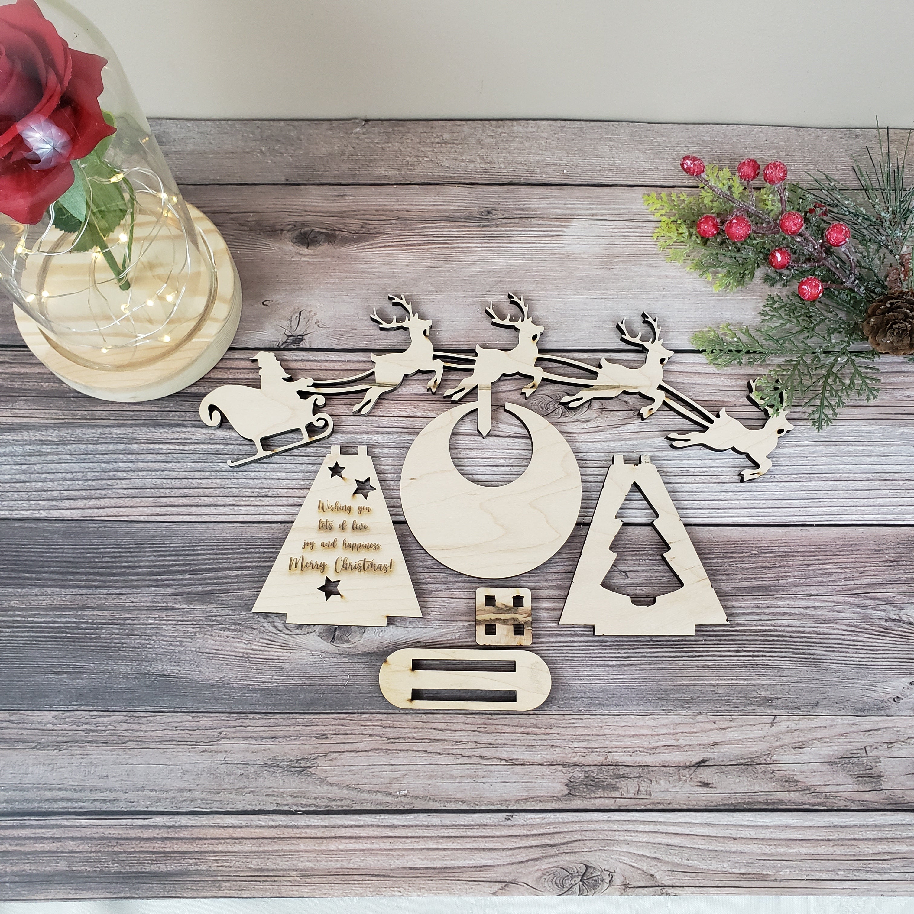 Rocking santa claus and deers christmas decoration with custom saying - Semper-KIK
