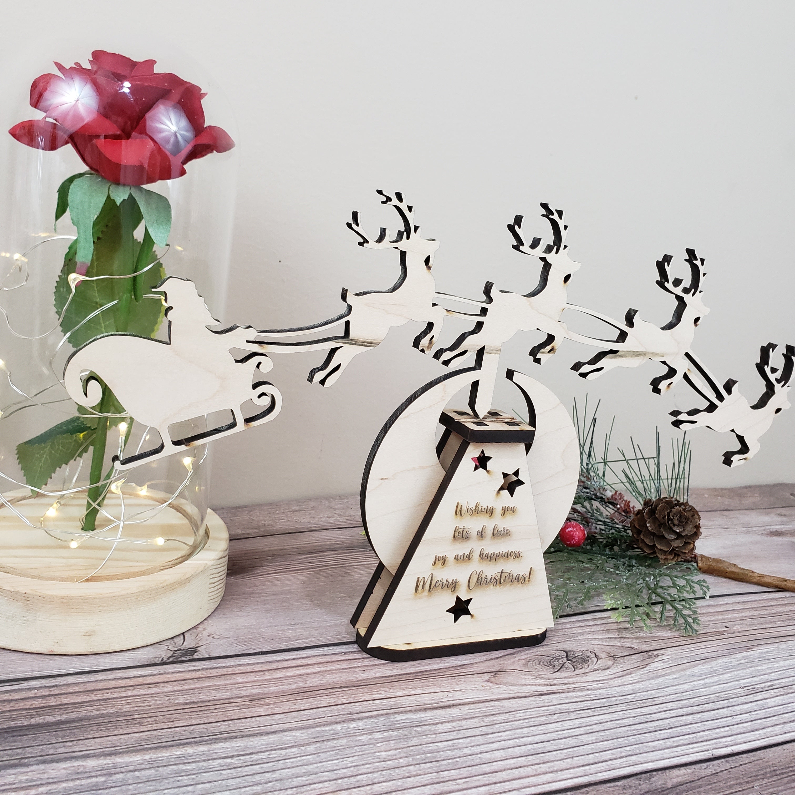 Rocking santa claus and deers christmas decoration with custom saying - Semper-KIK