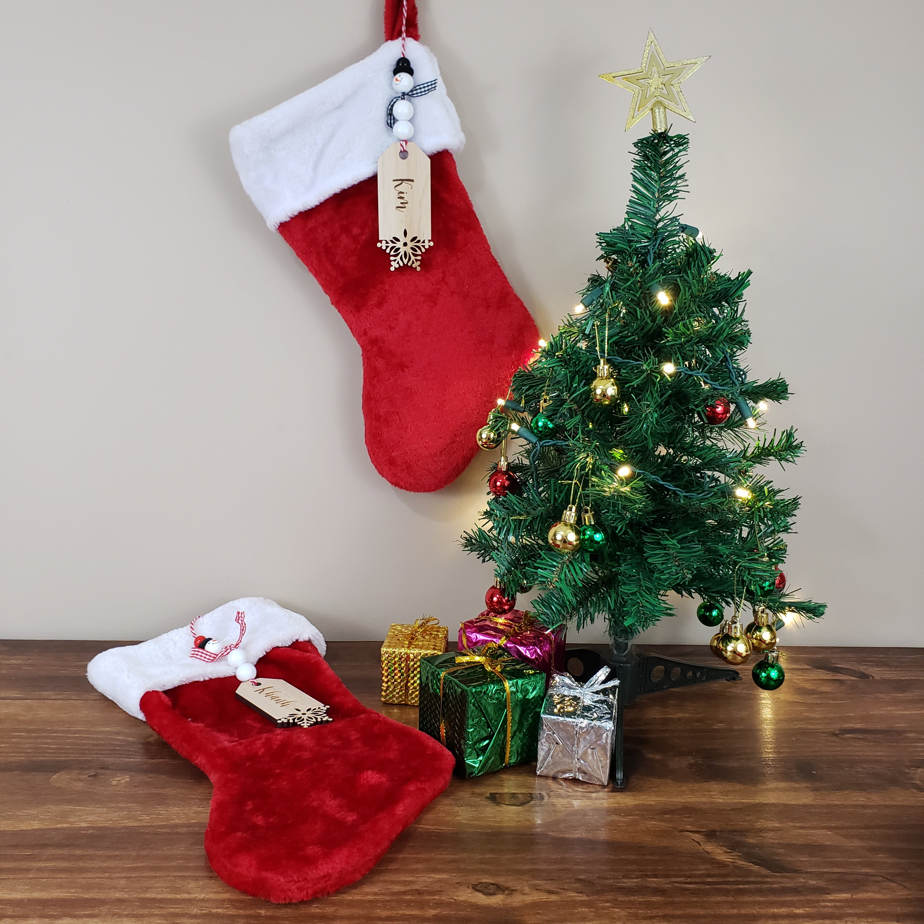 Custom Laser Cut Wood Stocking Tags - Snowflake design + Snowman beads - Semper-KIK