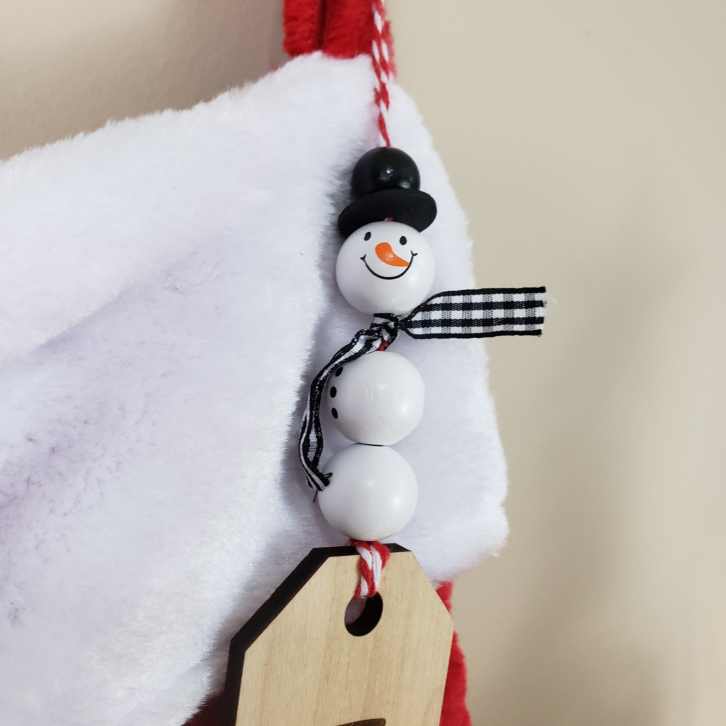 Custom Laser Cut Wood Stocking Tags - Snowflake design + Snowman beads - Semper-KIK