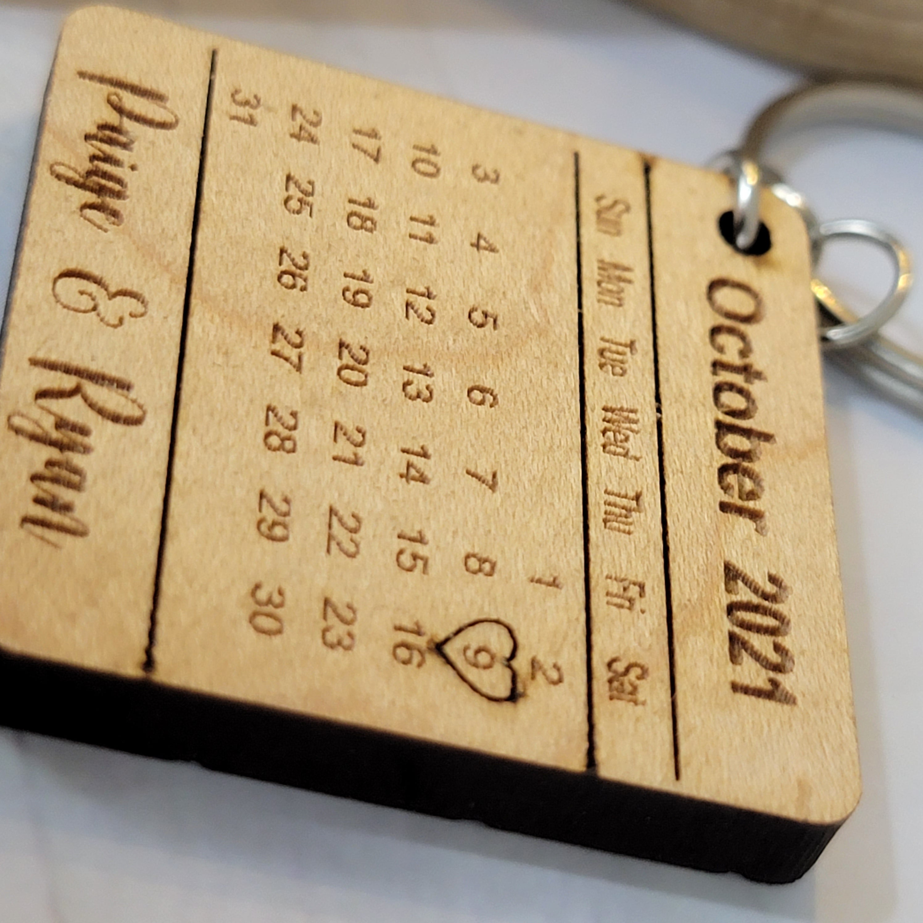 Engraved Calendar Wooden Keychain with Names & Date - Semper-KIK