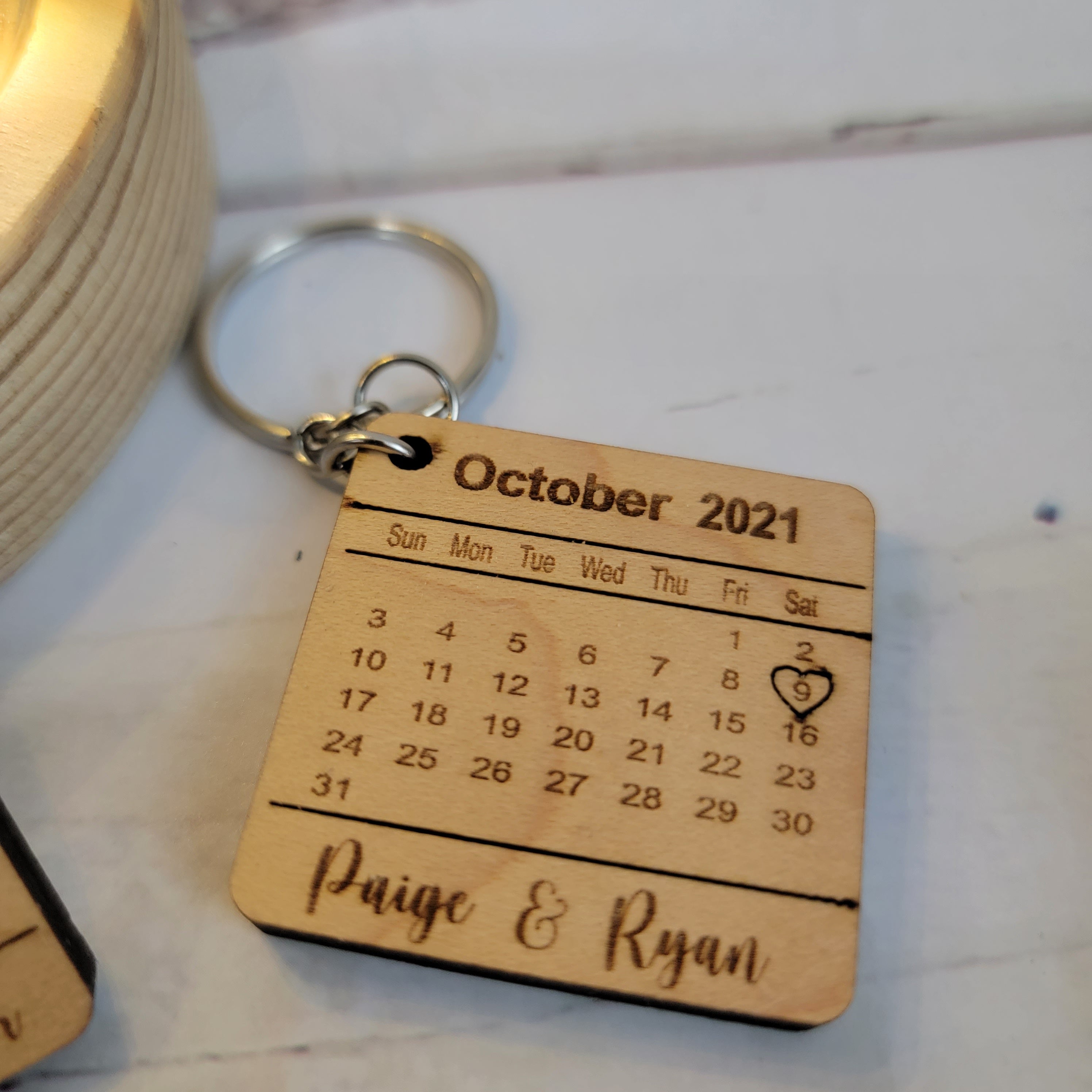 Engraved Calendar Wooden Keychain with Names & Date - Semper-KIK