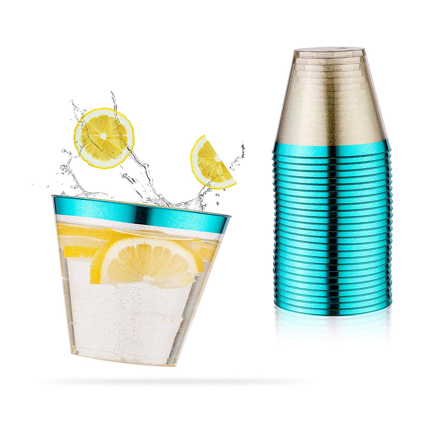 Totally Teal Disposable Cups. 9 oz Glitter Plastic Cups (Set of 100) with Shiny Turquoise Trim - Tiffany Blue and Teal Party Supplies for Wedding Cups, Under the Sea, Mermaid Decorations, Baby Shower - Semper-KIK
