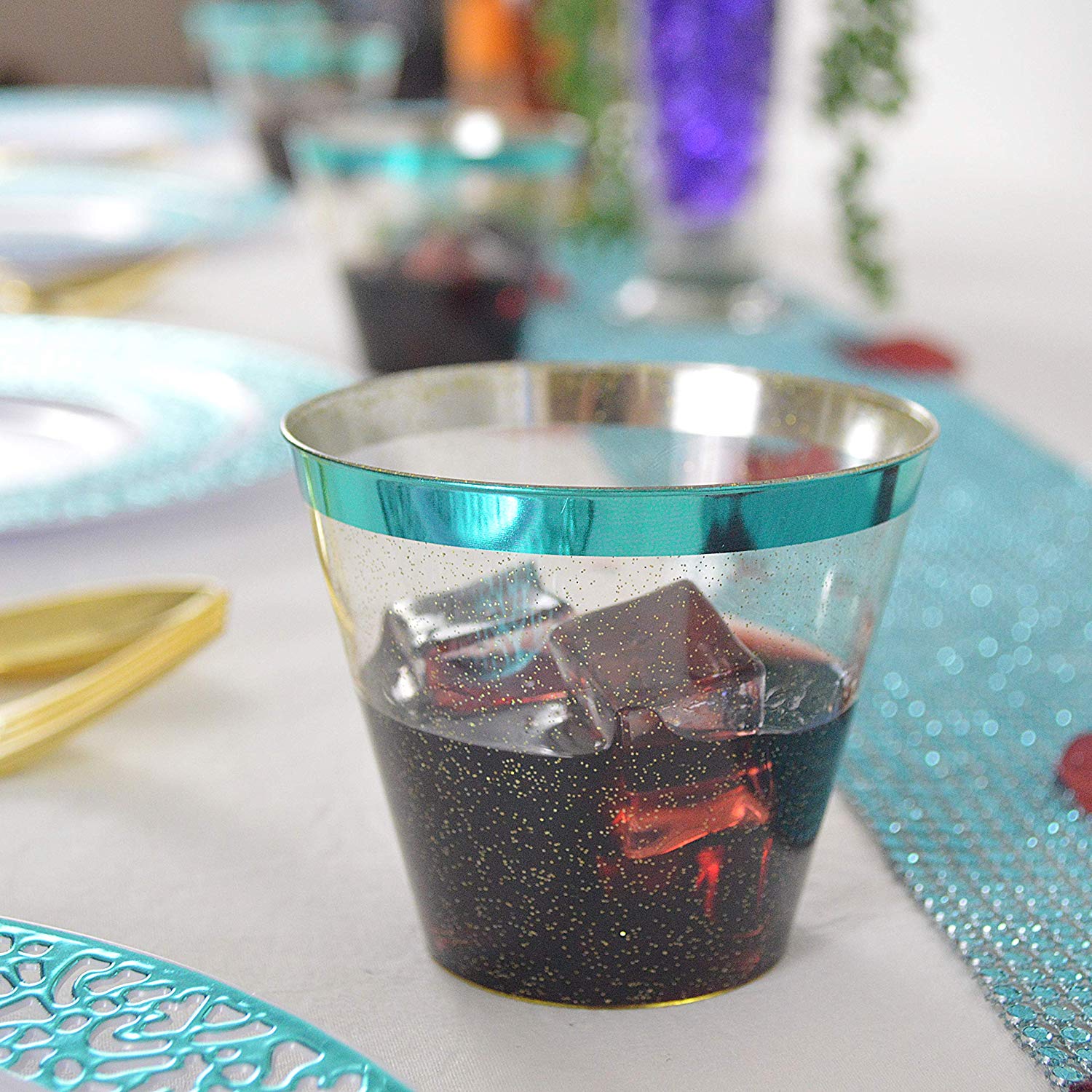 Totally Teal Disposable Cups. 9 oz Glitter Plastic Cups (Set of 100) with Shiny Turquoise Trim - Tiffany Blue and Teal Party Supplies for Wedding Cups, Under the Sea, Mermaid Decorations, Baby Shower - Semper-KIK