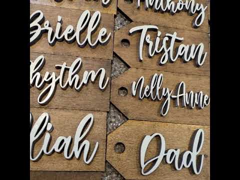 Custom Laser Cut Wood Christmas Stocking Tags - Walnut stained base White 3D Letters