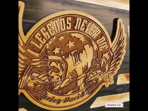 Rustic Wooden Flag - 3D Harley Davidson Skull Legends never Die!