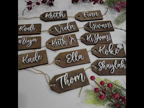 Custom Laser Cut Wood Christmas Stocking Tags - Walnut stained base White 3D Letters