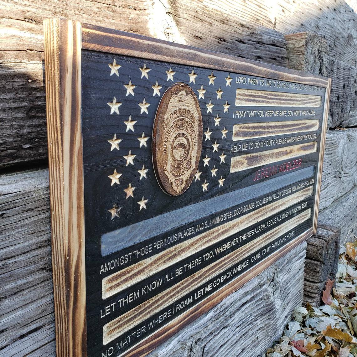 Rustic American Flag, US Carved Flag - Customized Logo, symbol - Department of Corrections - Semper-KIK