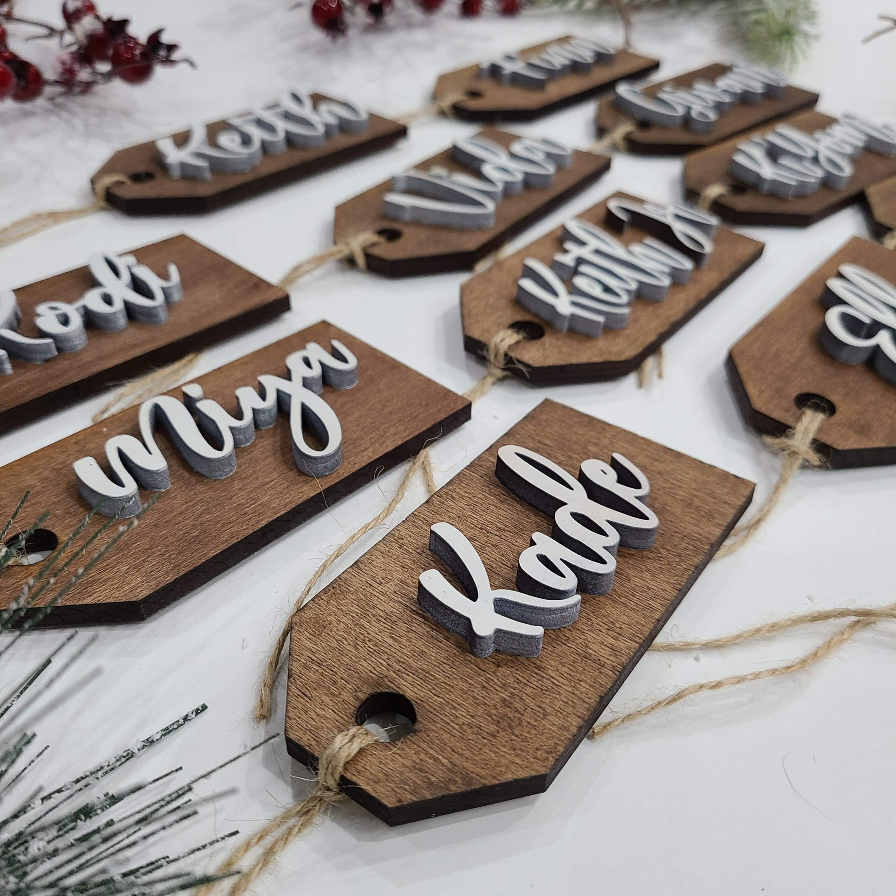 Custom Laser Cut Wood Stocking Tags - Walnut stained base White 3D Letters - Semper-KIK