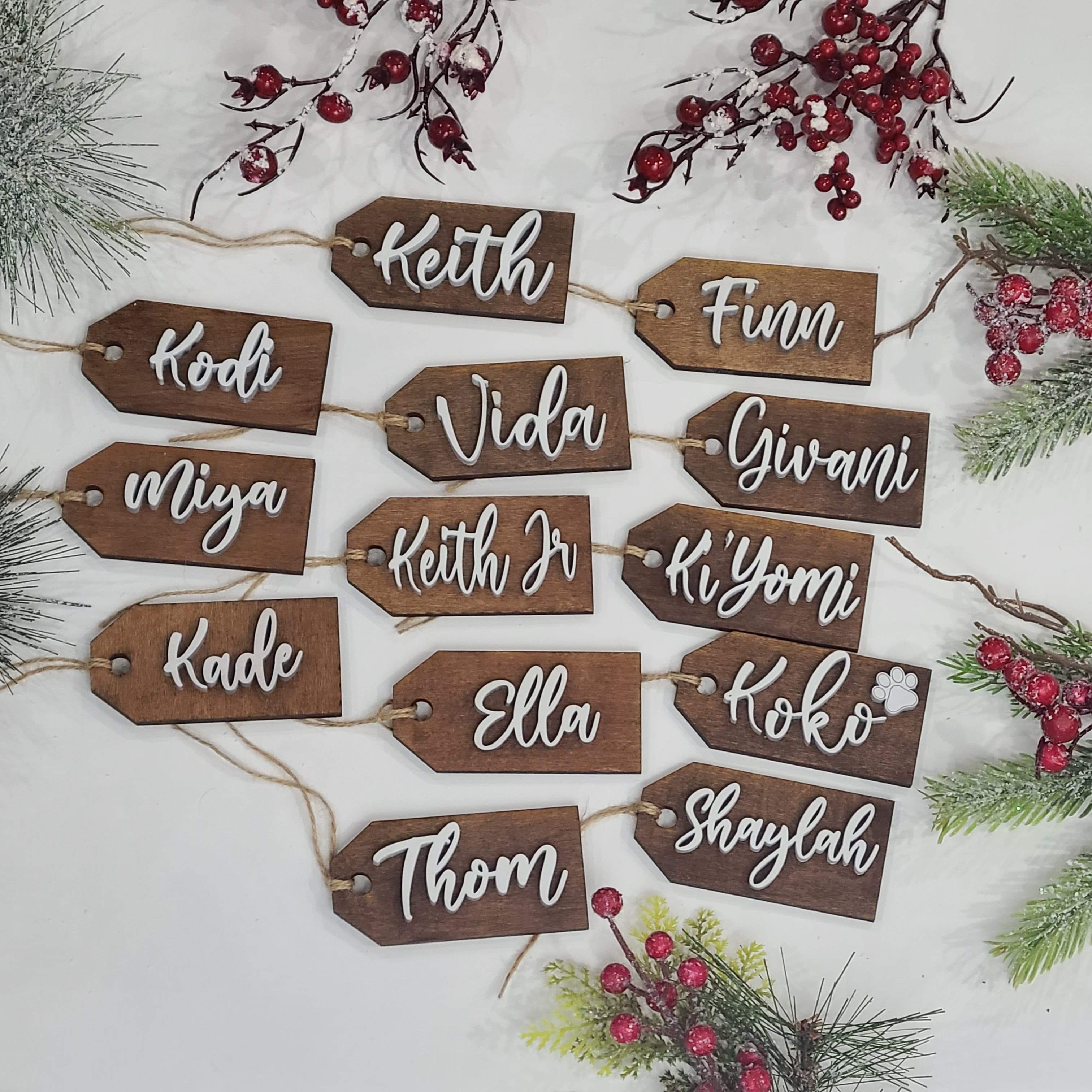 Custom Laser Cut Wood Stocking Tags - Walnut stained base White 3D Letters - Semper-KIK